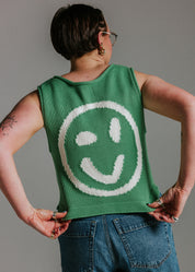 Close up of green and white 100 percent cotton knit tank top texture by Slow Love Knitwear