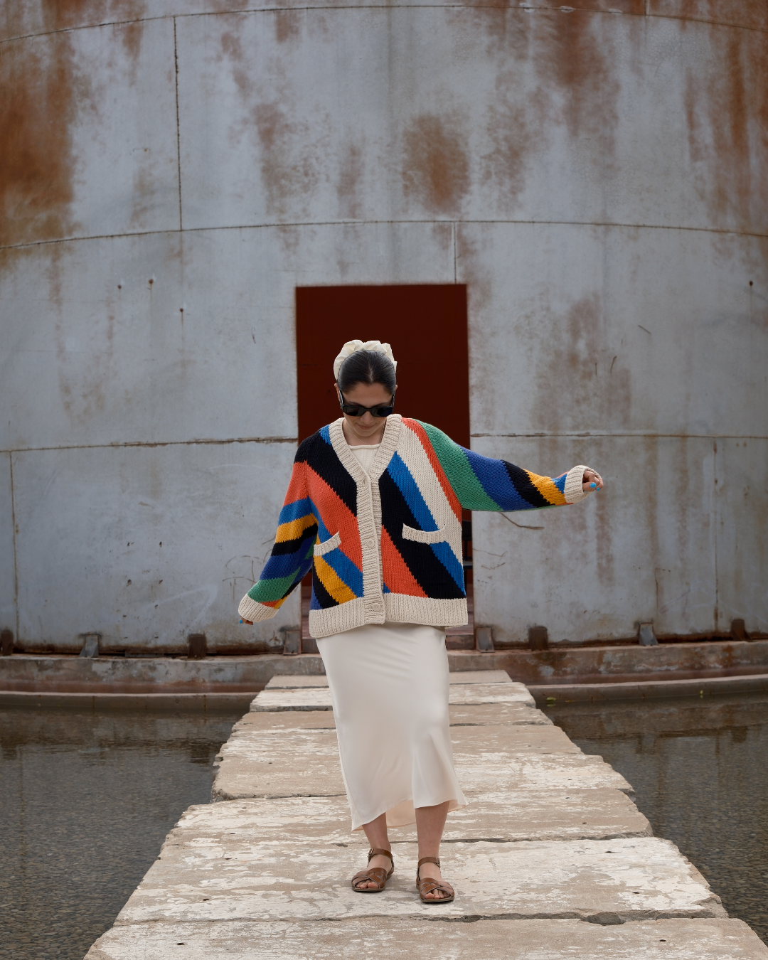 Slow Love Knitwear diagonal stripe hand knit cardigan in 100% cotton with oversized fit