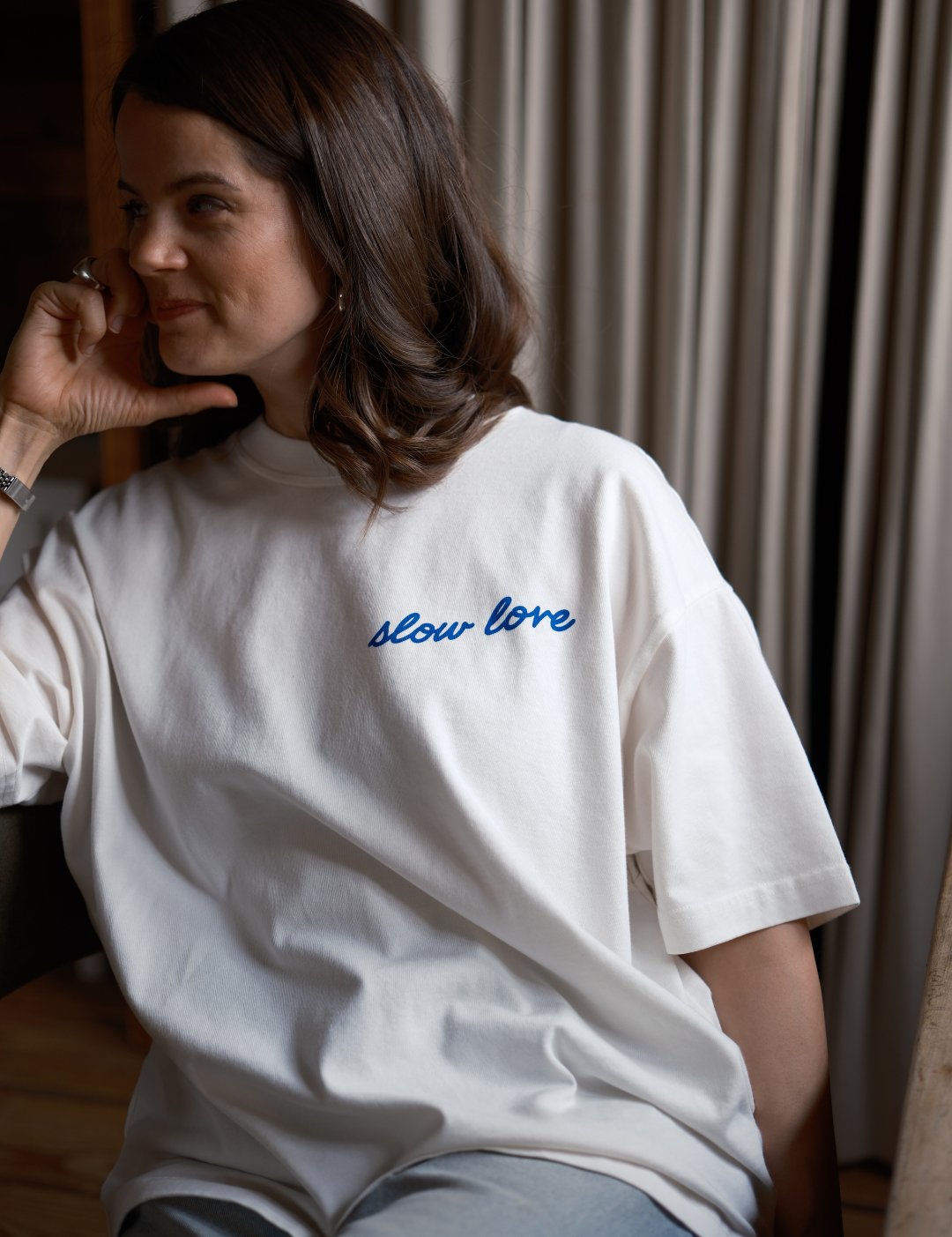 Discipline of Patience oversized boxy t-shirt by Slow Love Knitwear in heavyweight 240gsm organic cotton, front view.