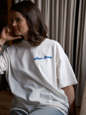 Discipline of Patience oversized boxy t-shirt by Slow Love Knitwear in heavyweight 240gsm organic cotton, front view.