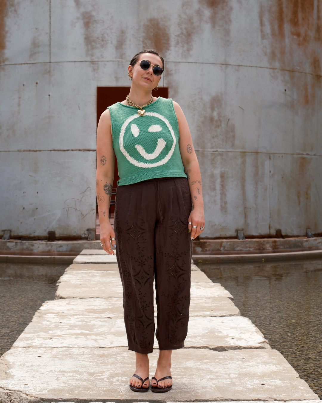 Slow Love Knitwear green and white smiley face tank top in 100% cotton with relaxed boxy fit