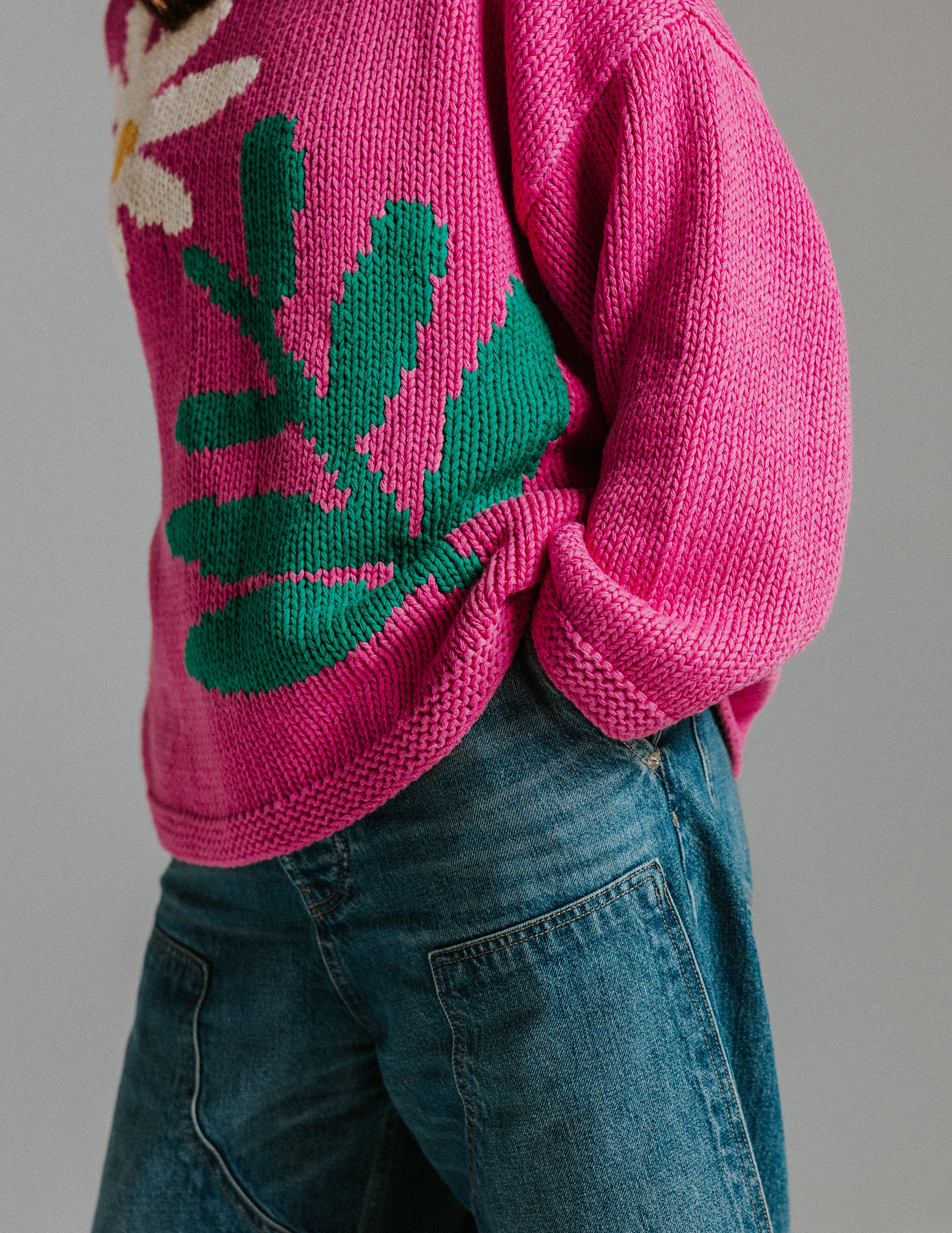 Close up of 100 percent cotton hand knitted jumper texture by Slow Love Knitwear