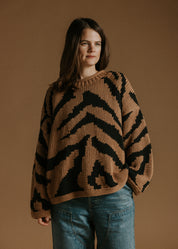Hand knitted cotton jumper by Slow Love Knitwear with two colour intarsia tiger pattern