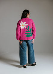 Another back view of hand knitted cotton jumper with daisy intarsia motif by Slow Love Knitwear