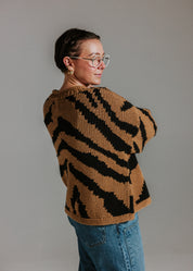 Back view of hand knitted cotton jumper with intarsia tiger design by Slow Love Knitwear