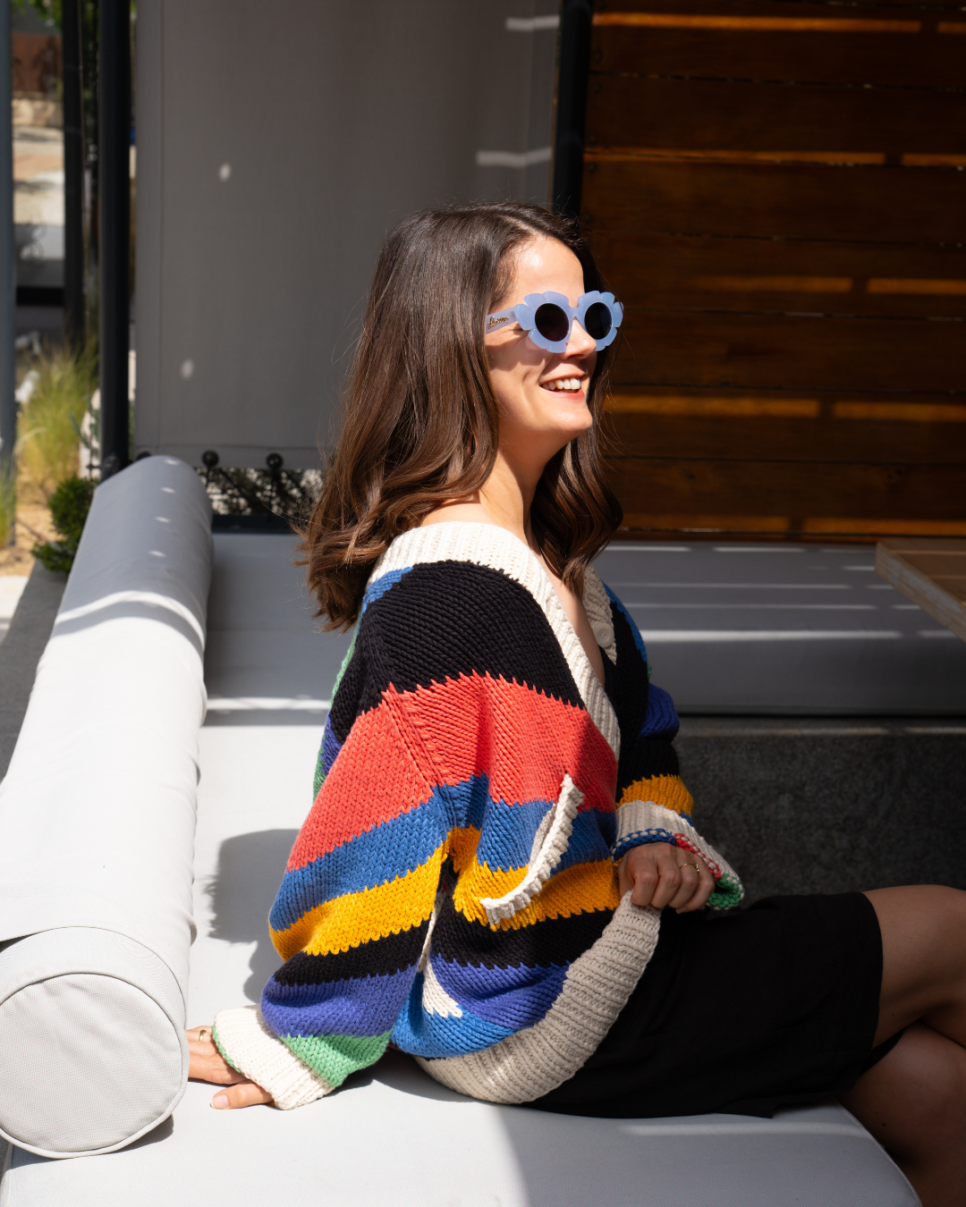 Slow Love Knitwear oversized cardigan featuring a bold seven colour intarsia stripe design