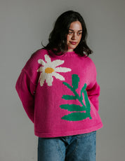 Close up of four colour intarsia daisy motif on hand knitted cotton jumper by Slow Love Knitwear