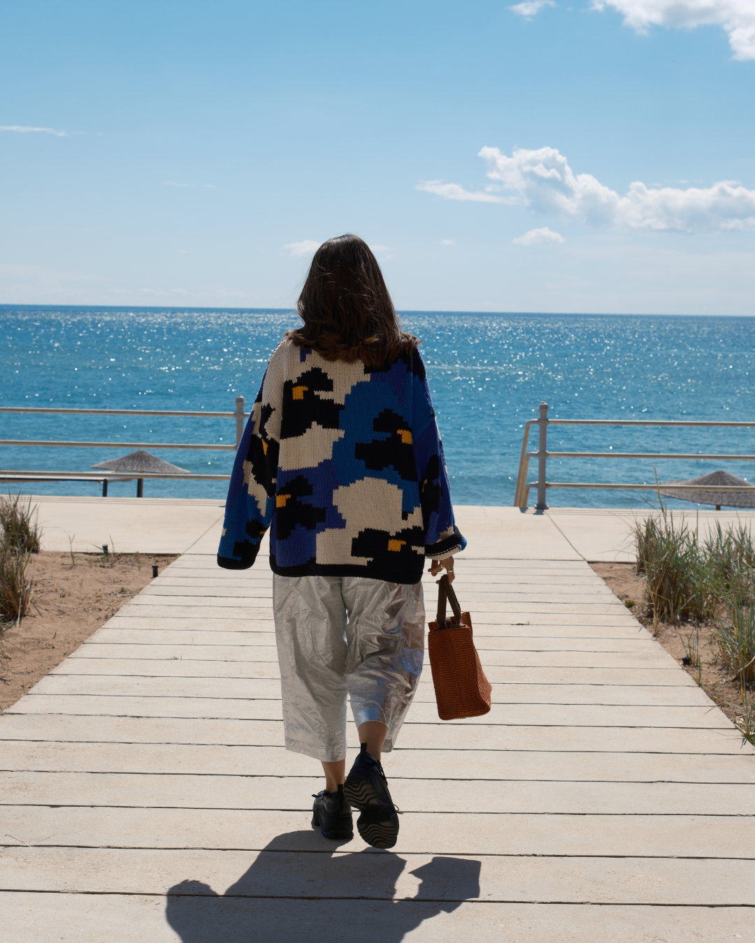 Slow Love Knitwear pansy hand knit jumper back in 100% cotton with colourful floral intarsia design
