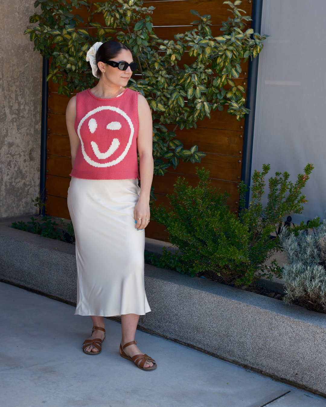 Slow Love Knitwear pink and white smiley face tank top in 100% cotton with boxy fit