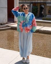 Relaxed cotton cardigan with sun-faded tie dye effect inspired by California surf culture