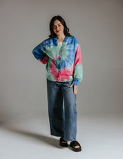 Mid-weight slouchy cotton cardigan by Slow Love Knitwear in hand tie-dyed sun-washed colours
