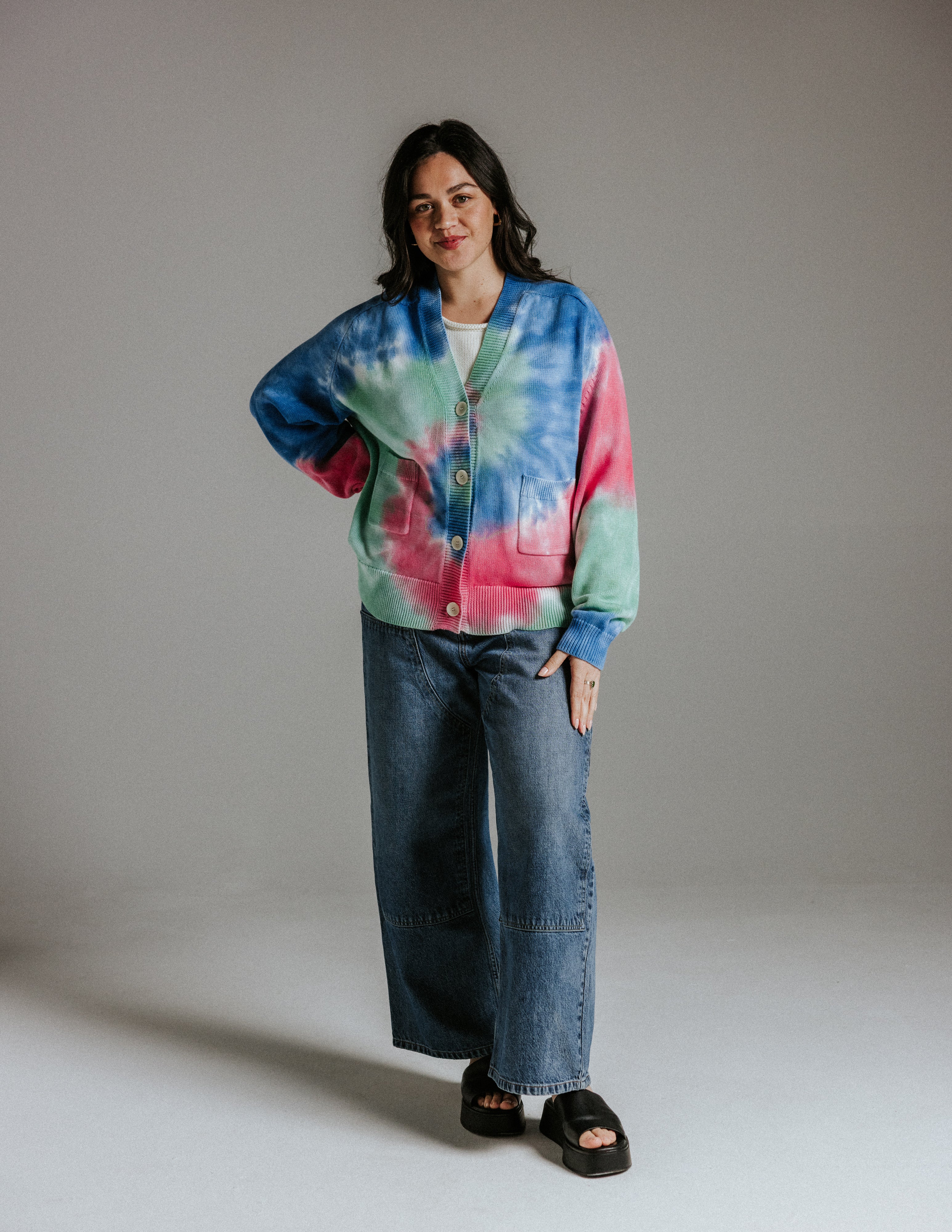 Mid-weight slouchy cotton cardigan by Slow Love Knitwear in hand tie-dyed sun-washed colours