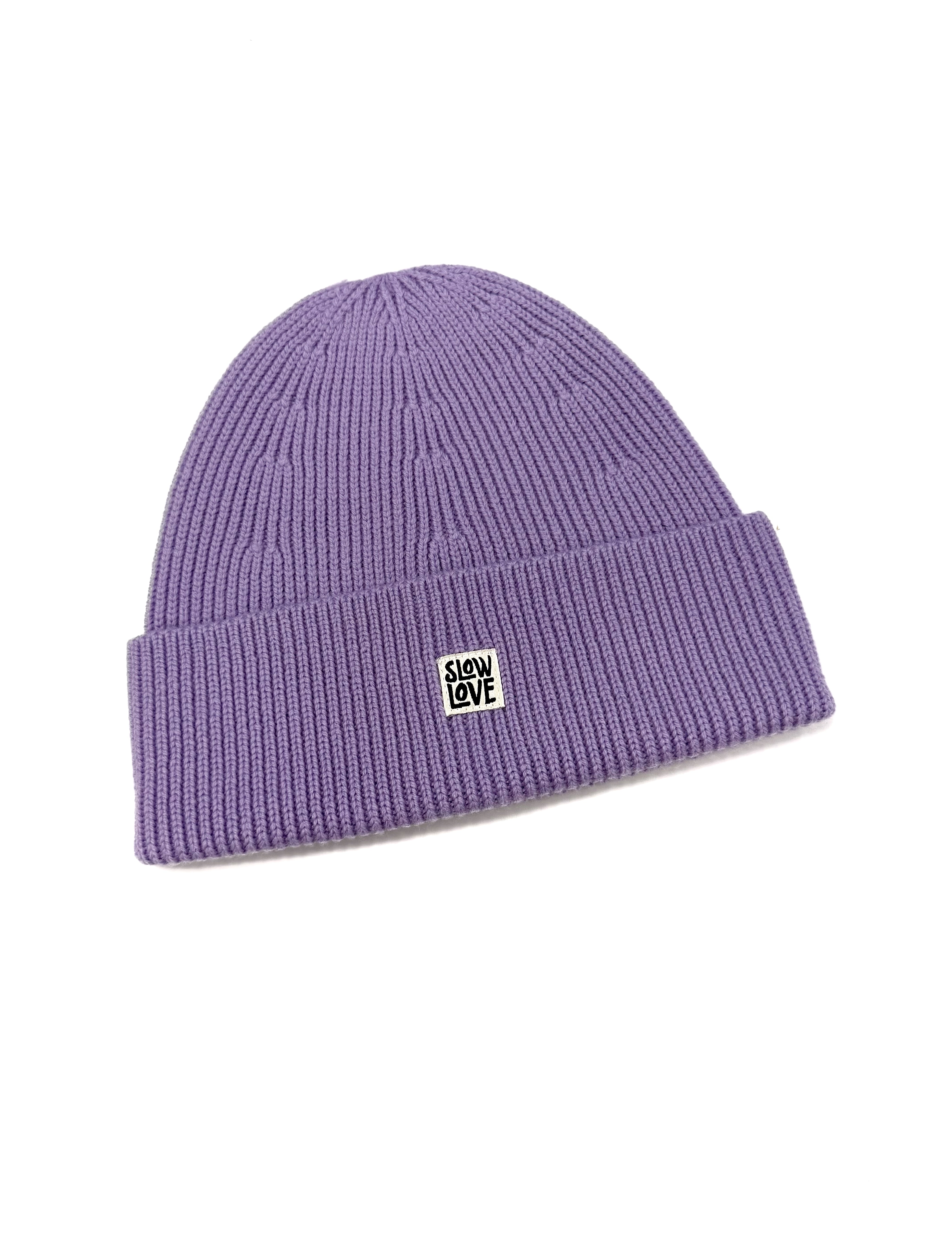 The Slow Love Staple Beanie in lilac, knitted from 100% merino wool.