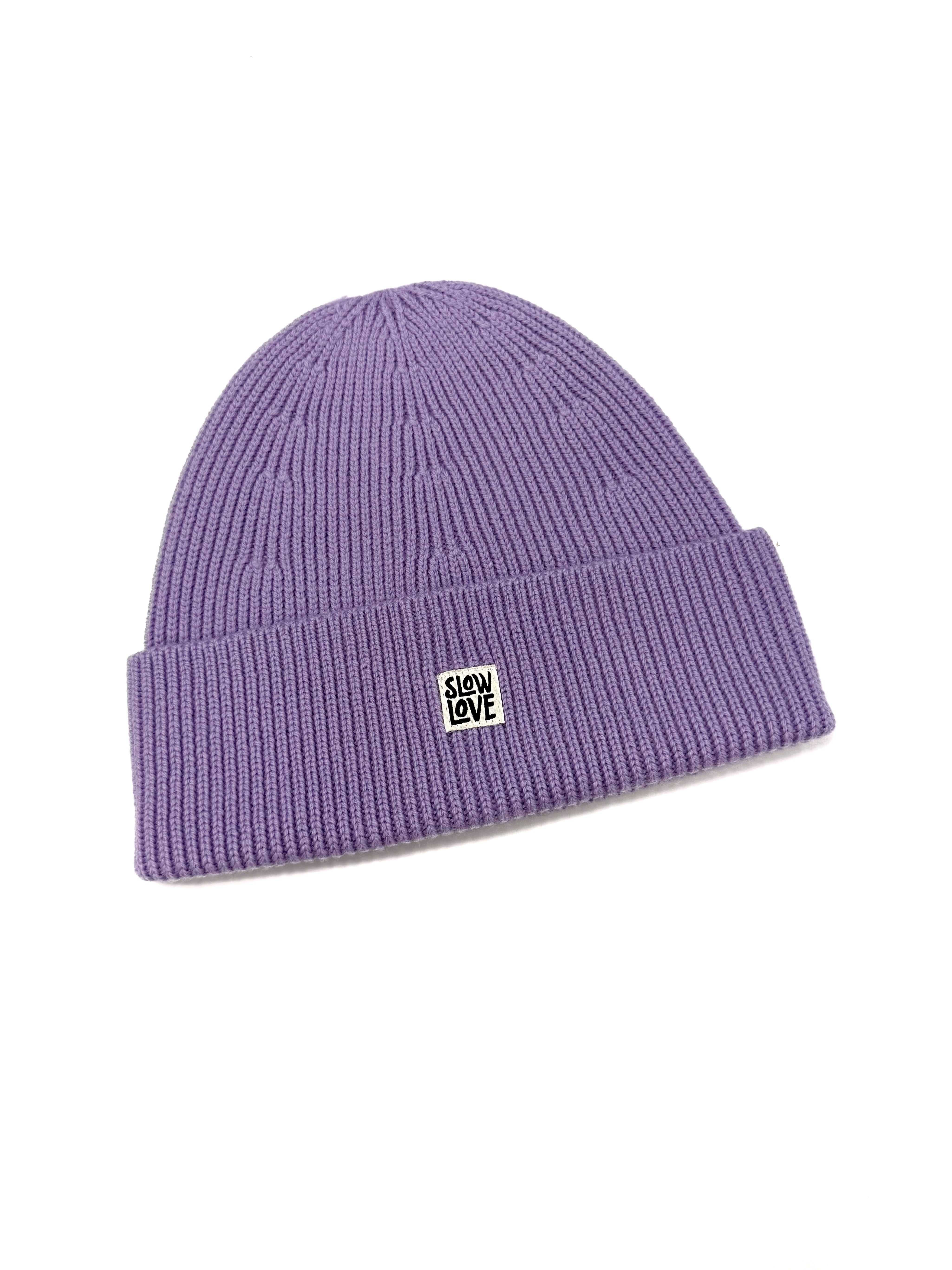 The Slow Love Staple Beanie in lilac, knitted from 100% merino wool.