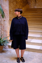 Slow Love midnight navy knitted bottoms with an elasticated waistband and slightly flared legs for a comfortable, flattering silhouette.