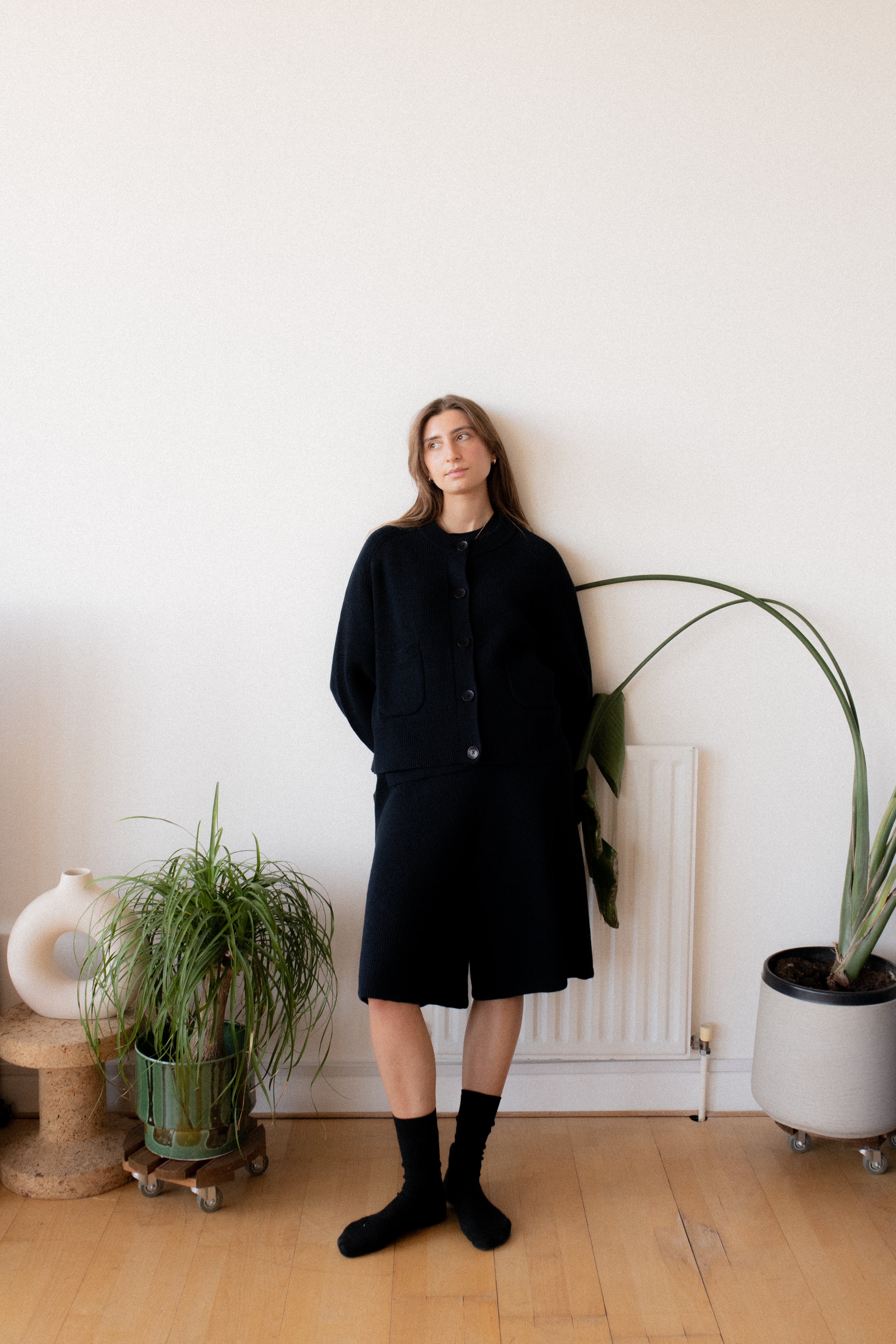 Slow Love knitted shorts in midnight navy with an elasticated waistband and flattering flared silhouette.