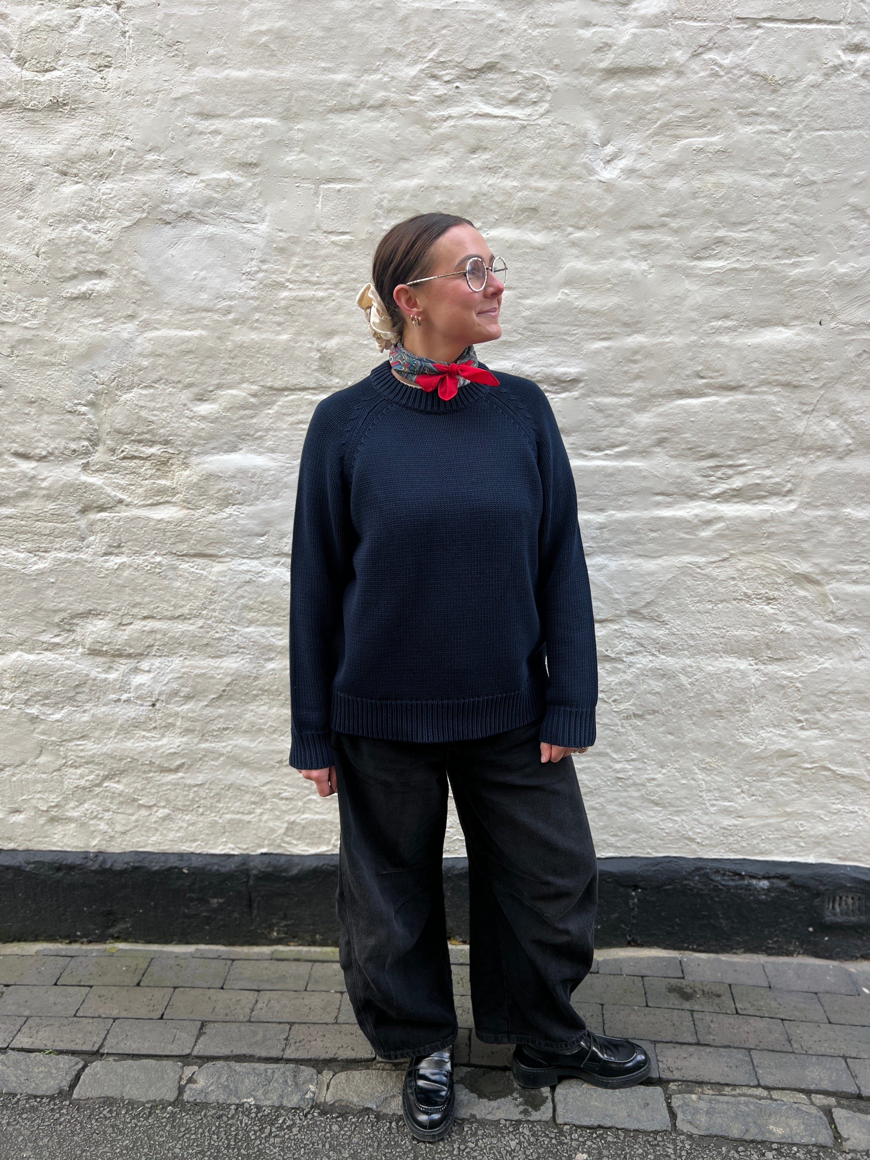 Navy Staple Crew neck jumper by Slow Love, featuring a relaxed silhouette and thick, structured cotton knit.