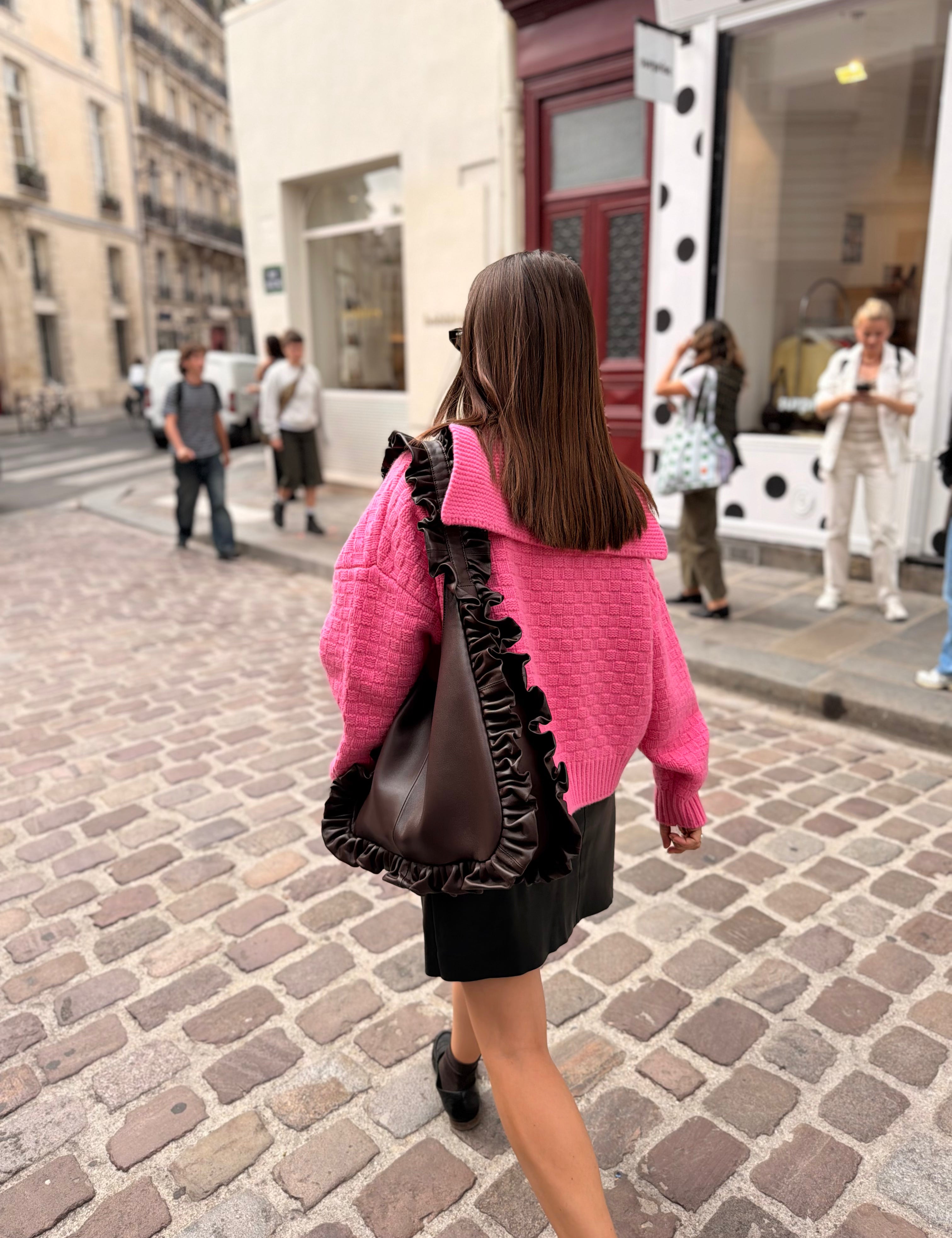 Slow Love pink textured cardigan in 100% lambswool with relaxed boxy shape