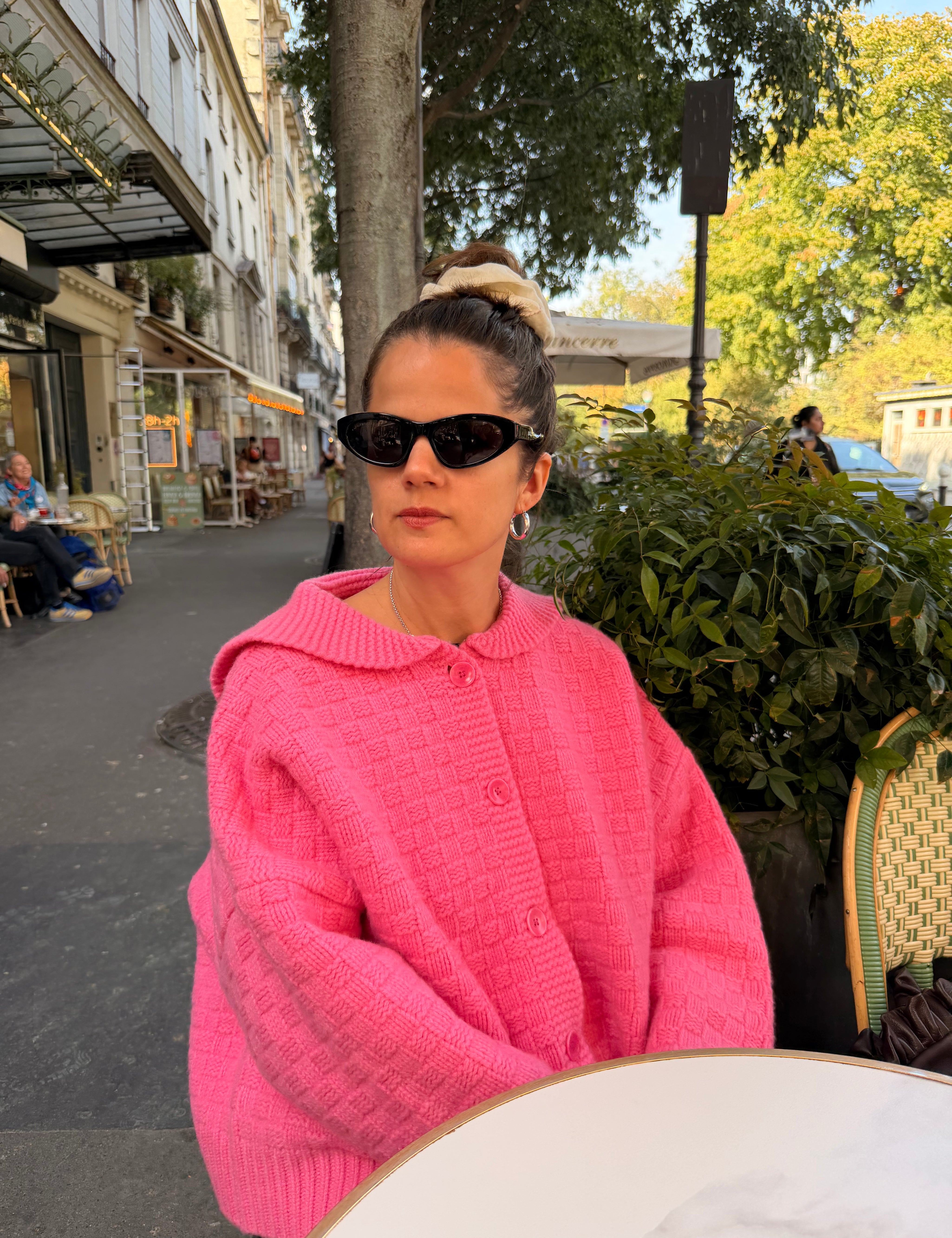 Slow Love pink Sailor Collared Textured Cardi in 100% lambswool with relaxed boxy fit