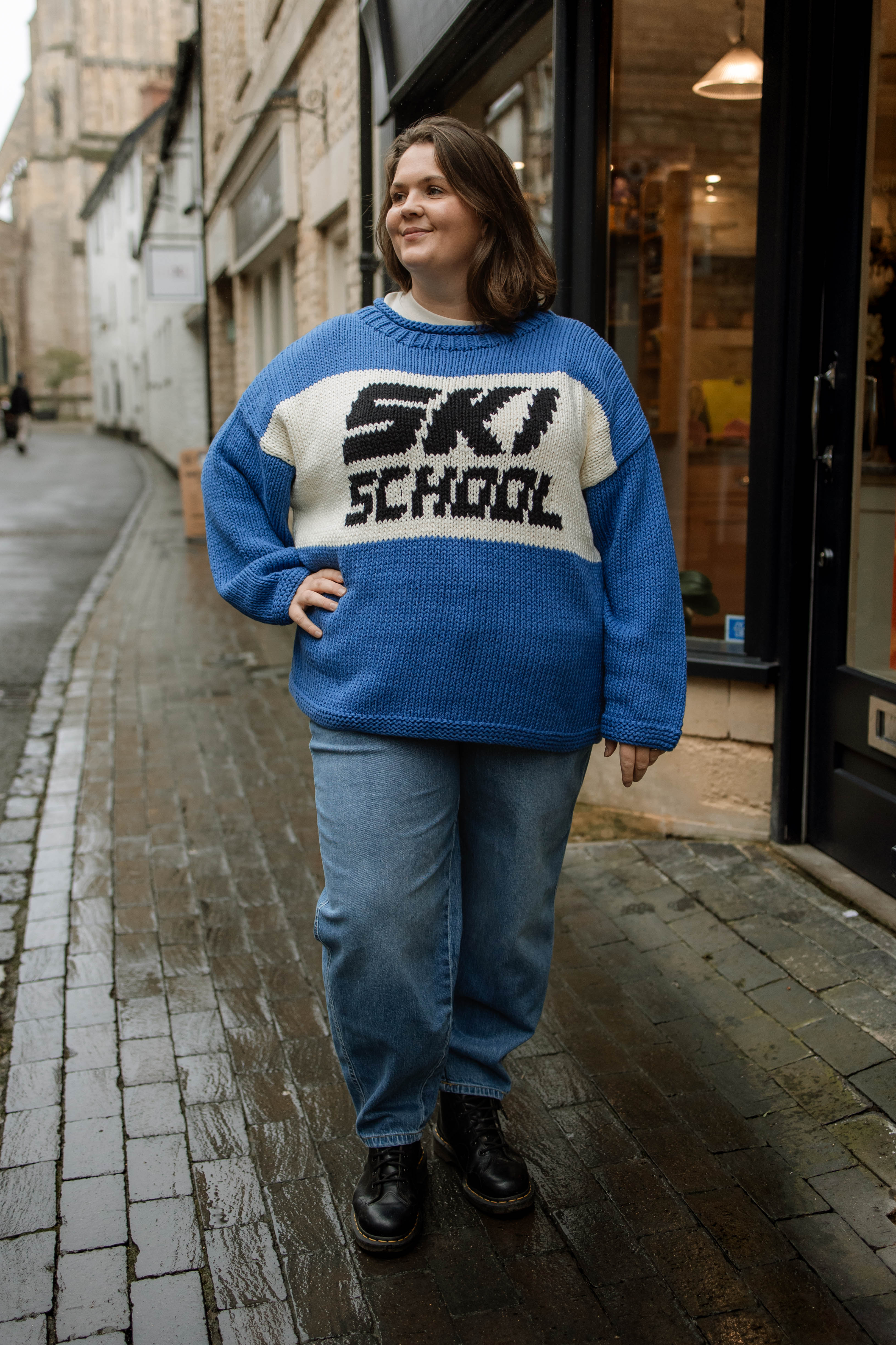 Vintage-inspired Slow Love Ski School Jumper with a chunky knit texture, perfect for alpine-inspired winter outfits.