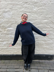 Slow Love navy cotton crew neck jumper with a boxy silhouette and fully fashioned knit construction.