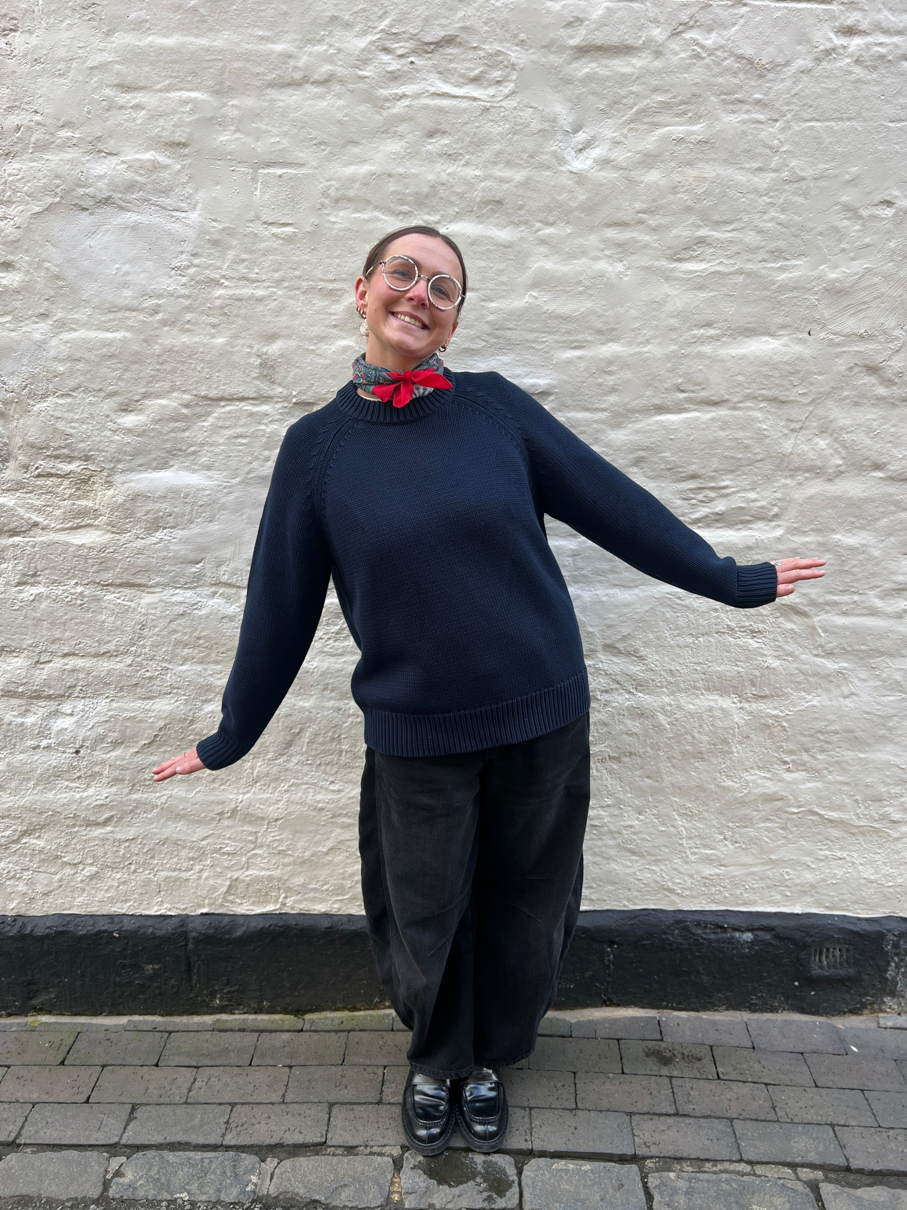 Slow Love navy cotton crew neck jumper with a boxy silhouette and fully fashioned knit construction.