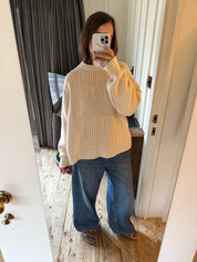 Slow Love aran jumper in oat milk, cream cotton cable knit sweater
