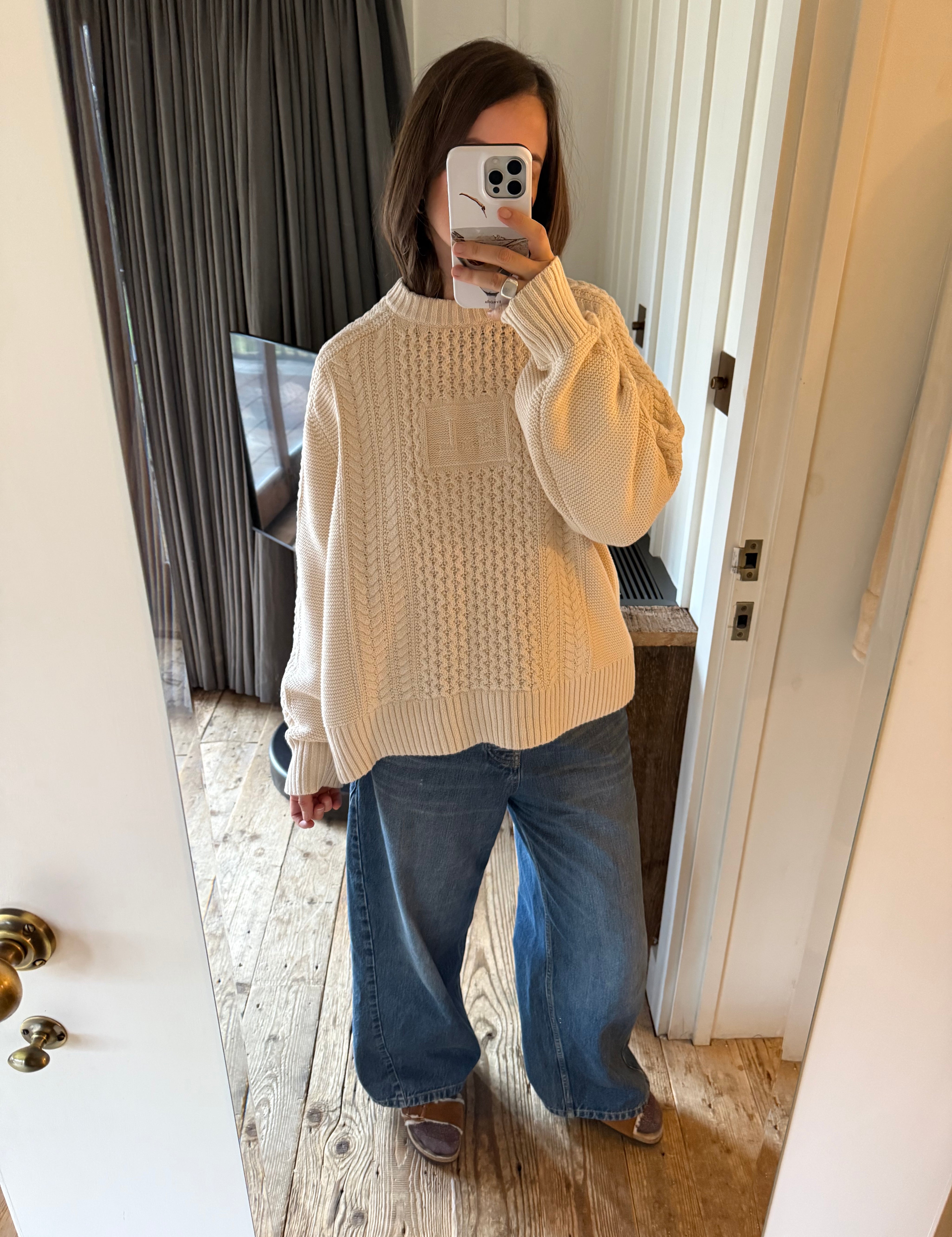 Slow Love aran jumper in oat milk, cream cotton cable knit sweater