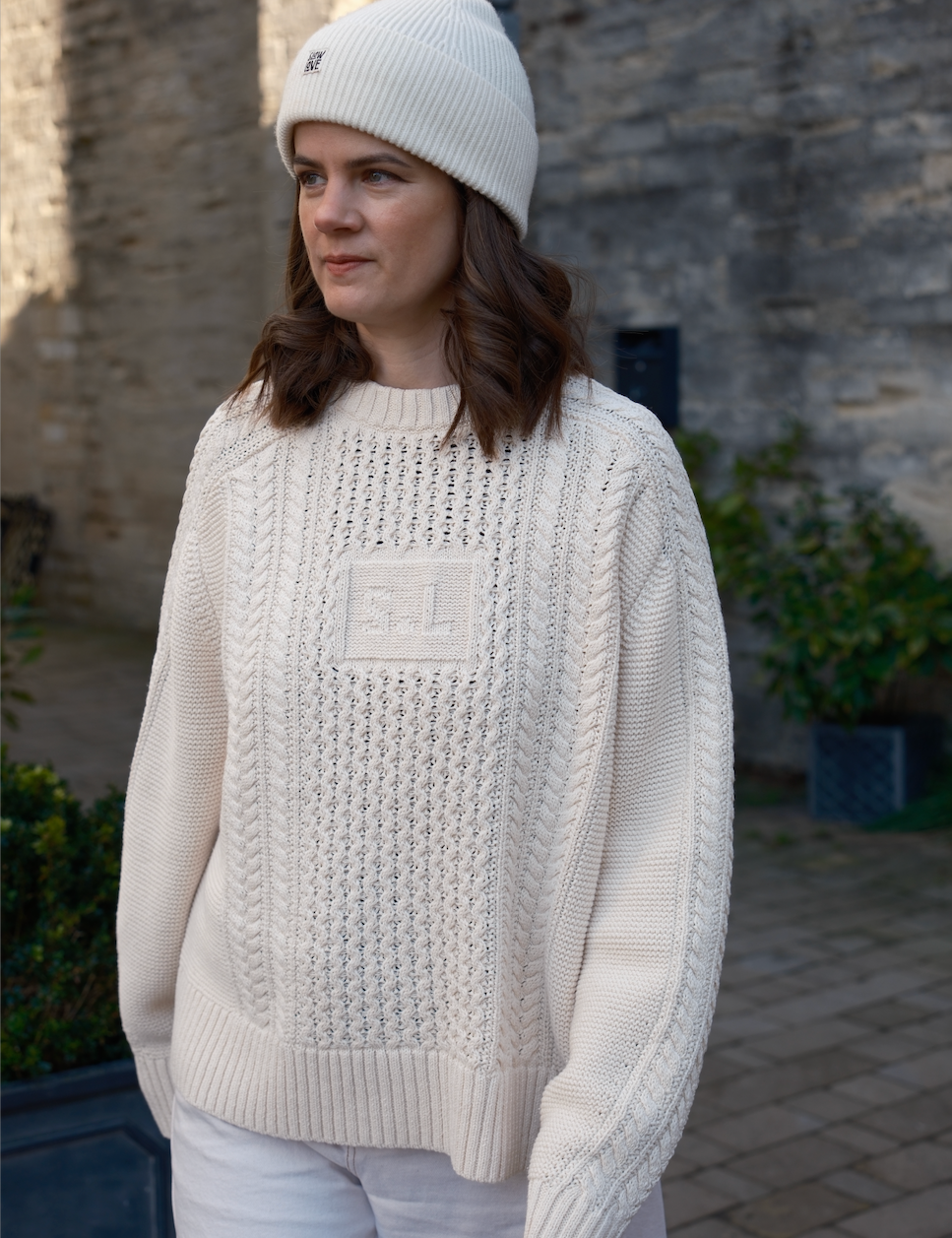 Oat milk aran jumper by Slow Love, neutral cream cotton knit sweater