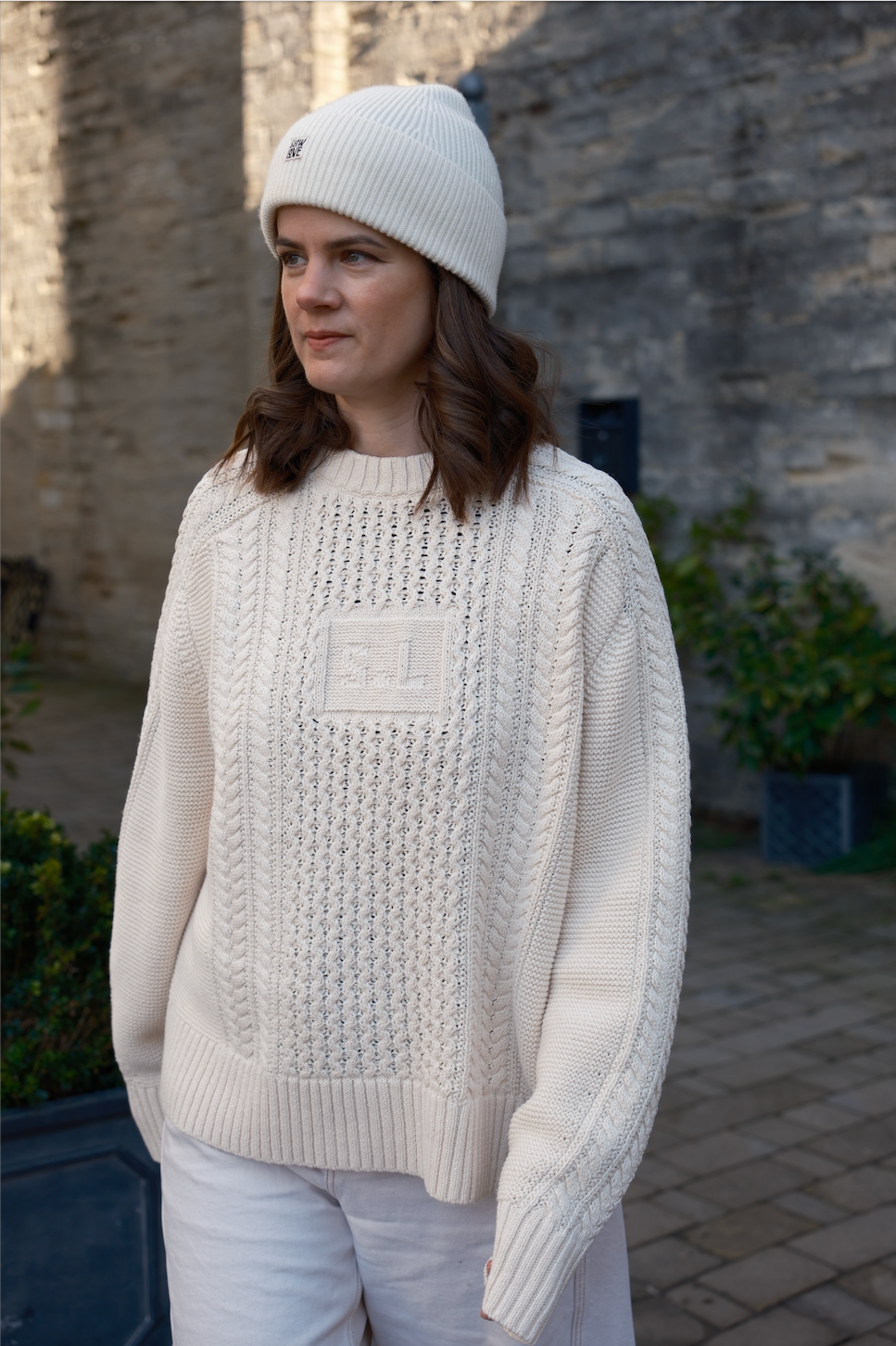Oat milk aran jumper by Slow Love, neutral cream cotton knit sweater