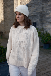 Oat milk aran jumper by Slow Love, neutral cream cotton knit sweater