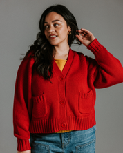 Red cotton knit cardigan with pockets, structured soft knit jacket style