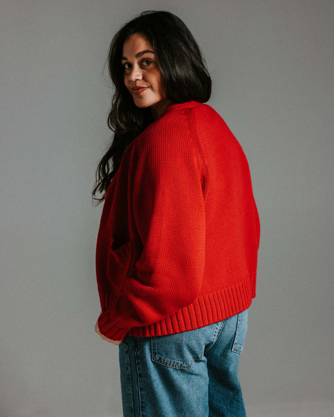Slow Love cotton knit cardigan in red, soft button-up sweater with boxy fit