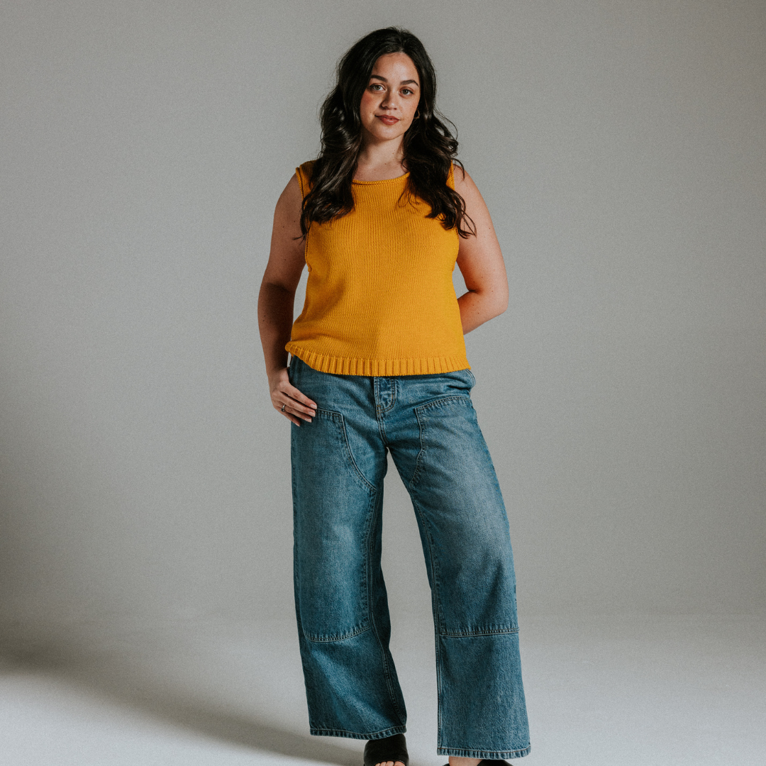 Close-up of yellow cotton knit tank top showing soft knit texture