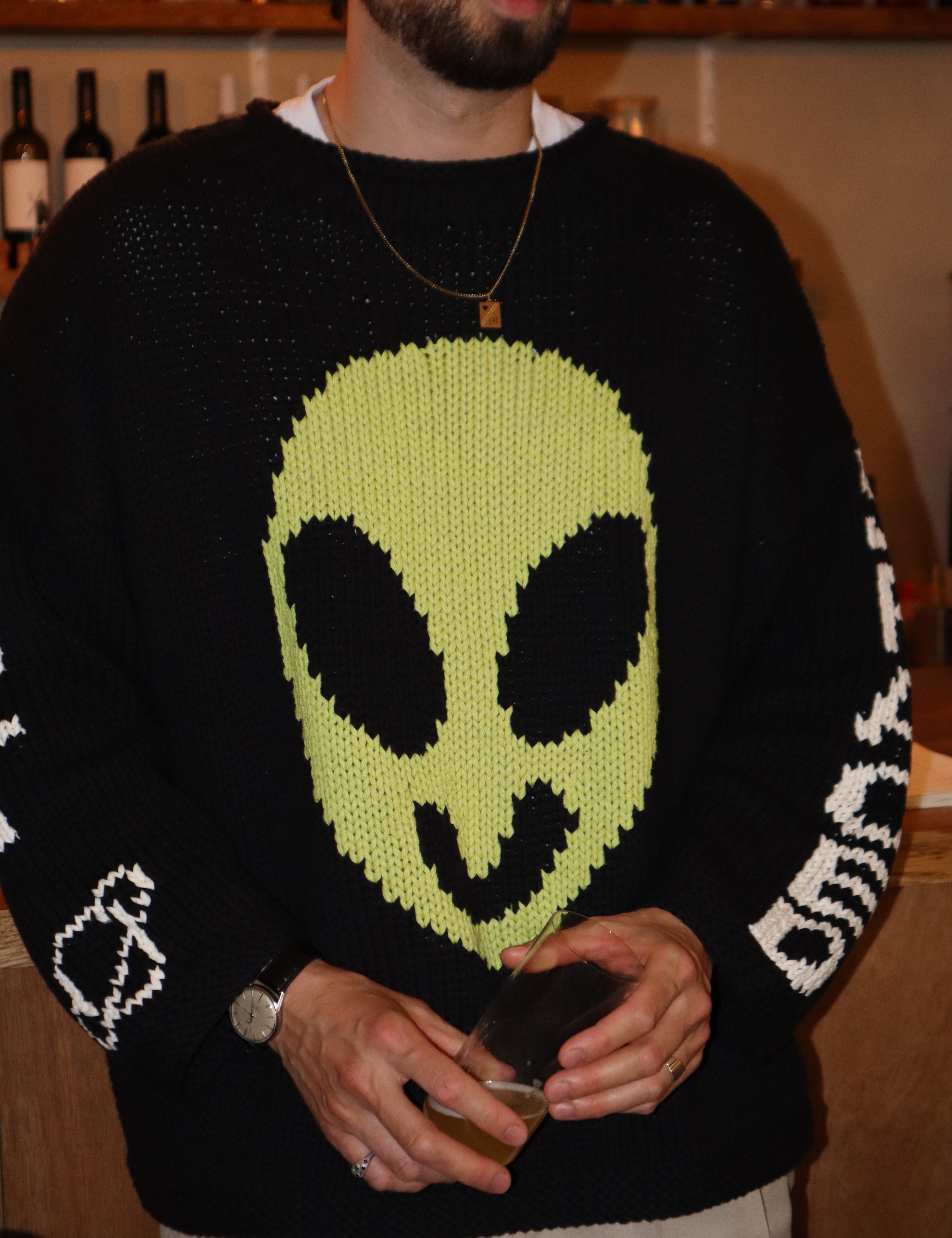 Close-up of Spaced Out hand knit jumper showing stitch texture