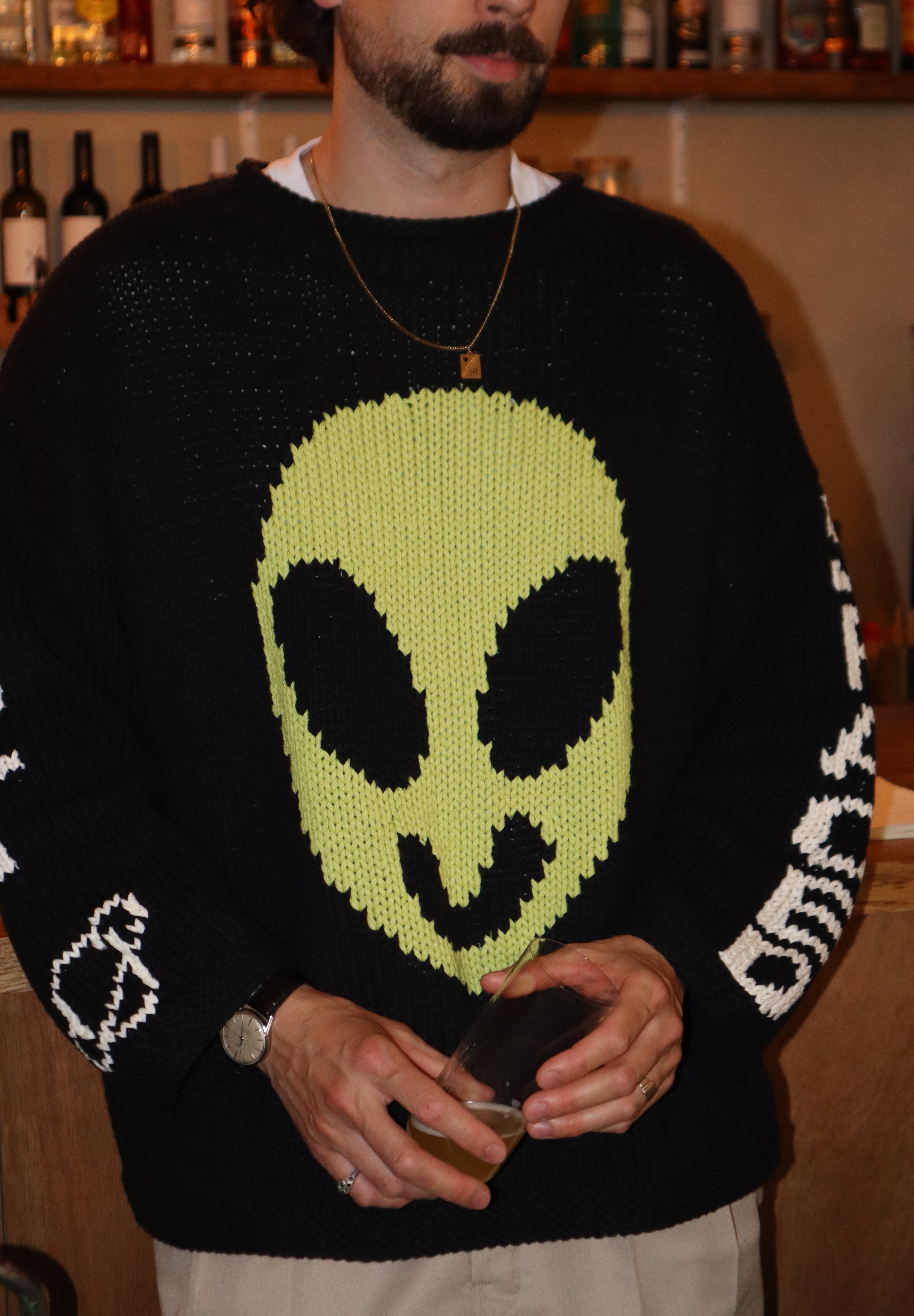 Close-up of Spaced Out hand knit jumper showing stitch texture