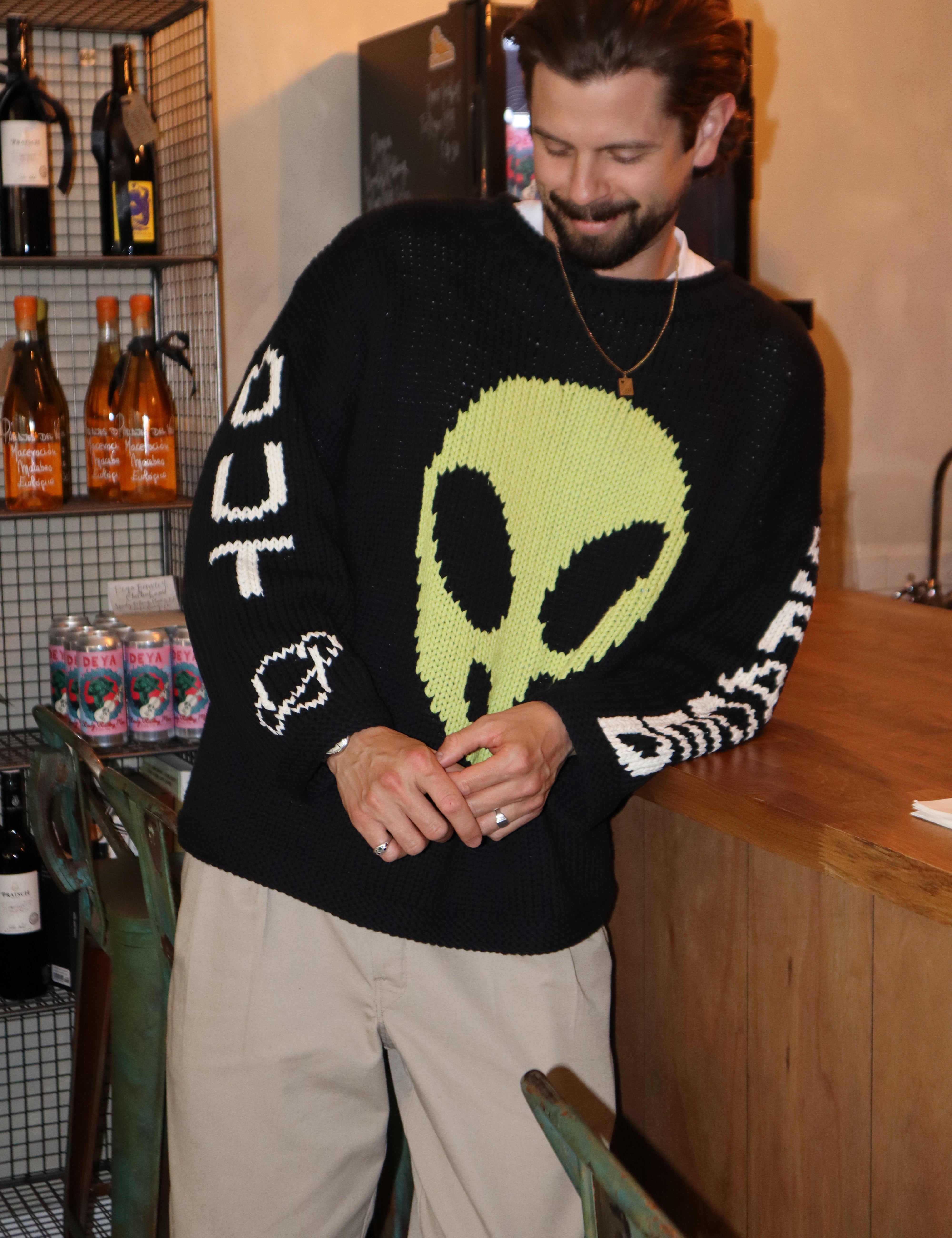 Front view of Spaced Out hand knit jumper oversized cotton knit