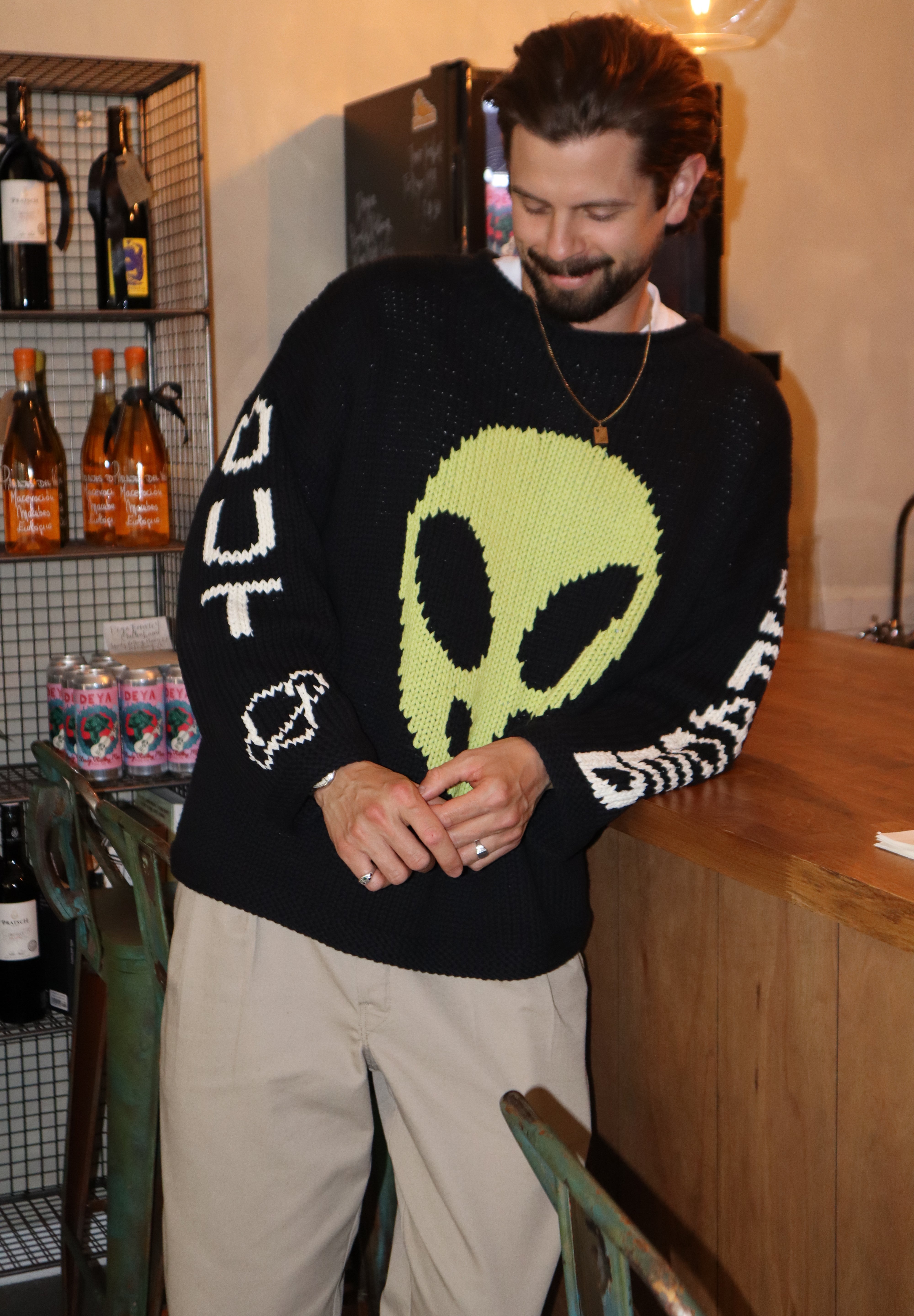 Front view of Spaced Out hand knit jumper oversized cotton knit