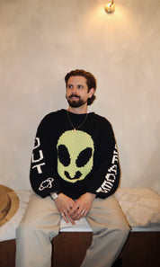 Detail of Spaced Out motif on hand knit cotton jumper