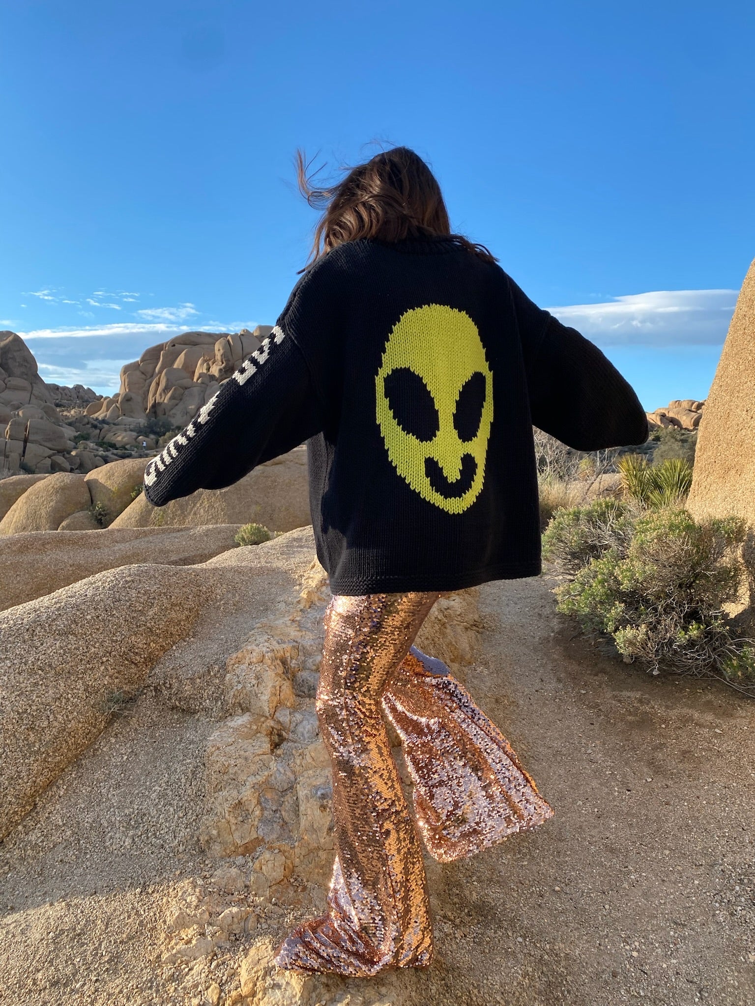 Mid shot of Spaced Out jumper highlighting alien graphic on body