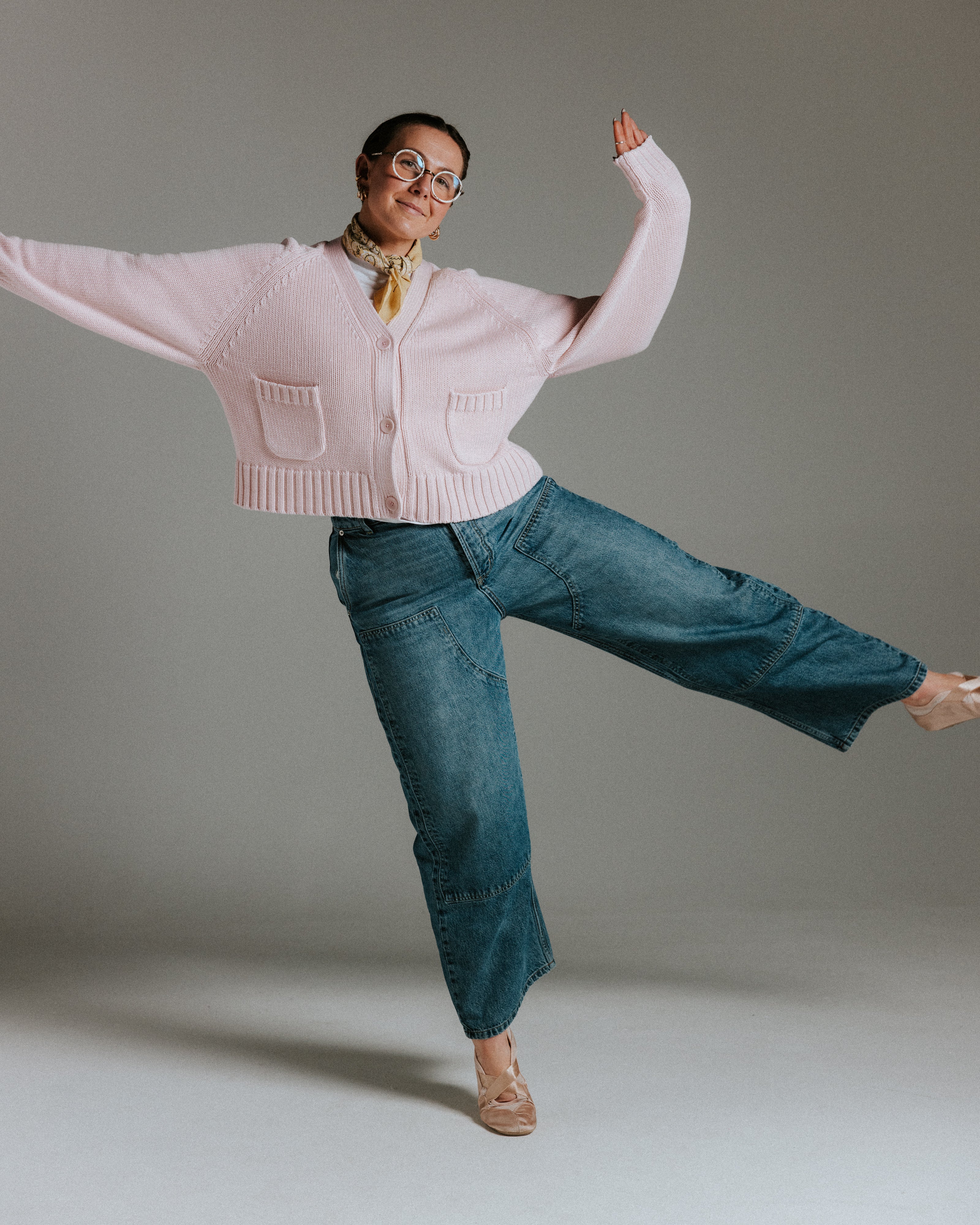 Mallow pink cotton knit cardigan styled with jeans for an effortless everyday outfit