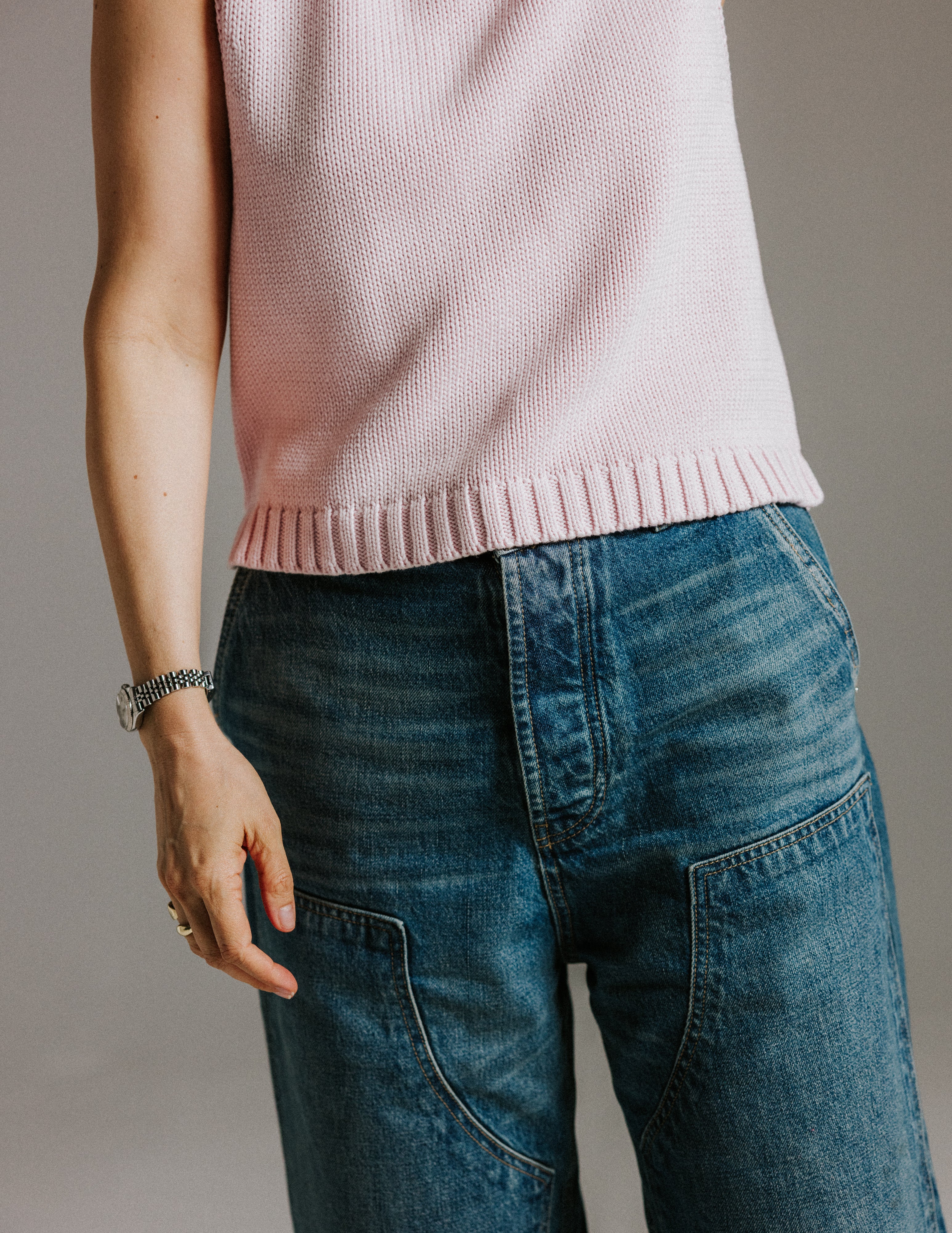 Close-up of chunky cotton knit texture on The Staple Tank in mallow