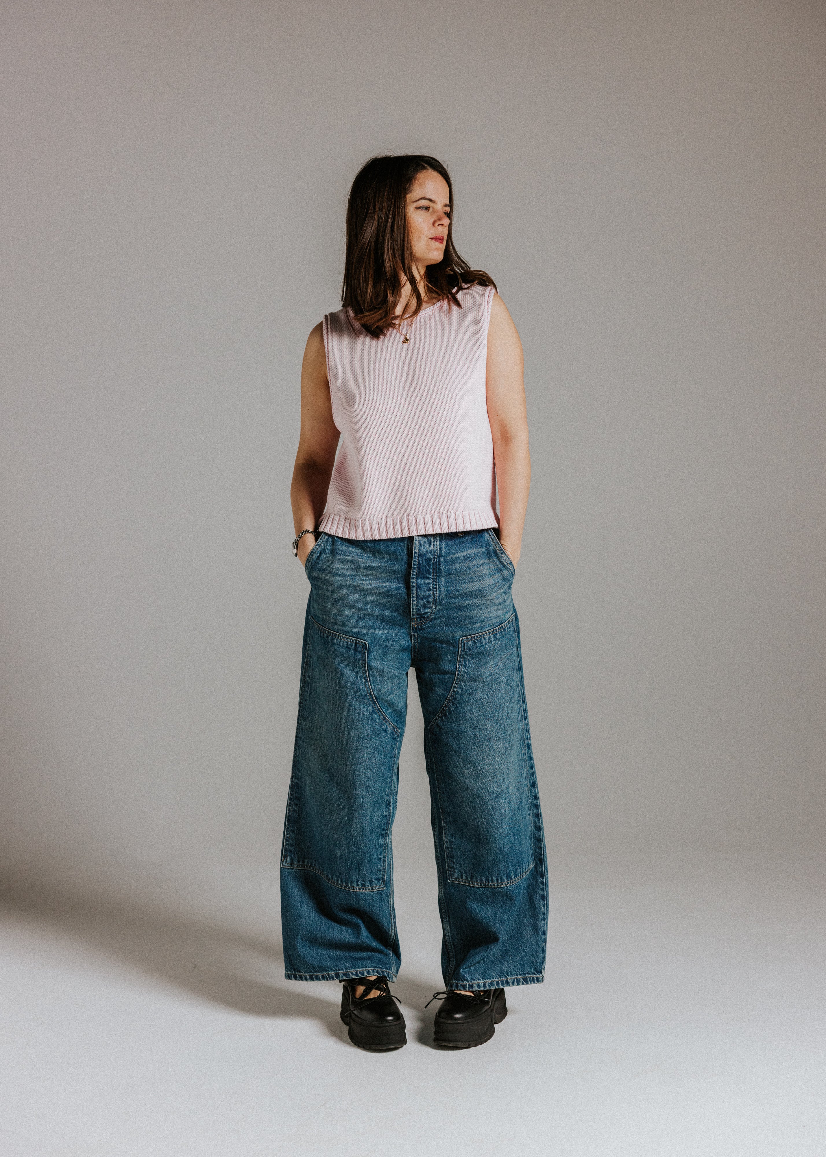 Mid-weight chunky cotton knit detail on The Staple Tank in mallow