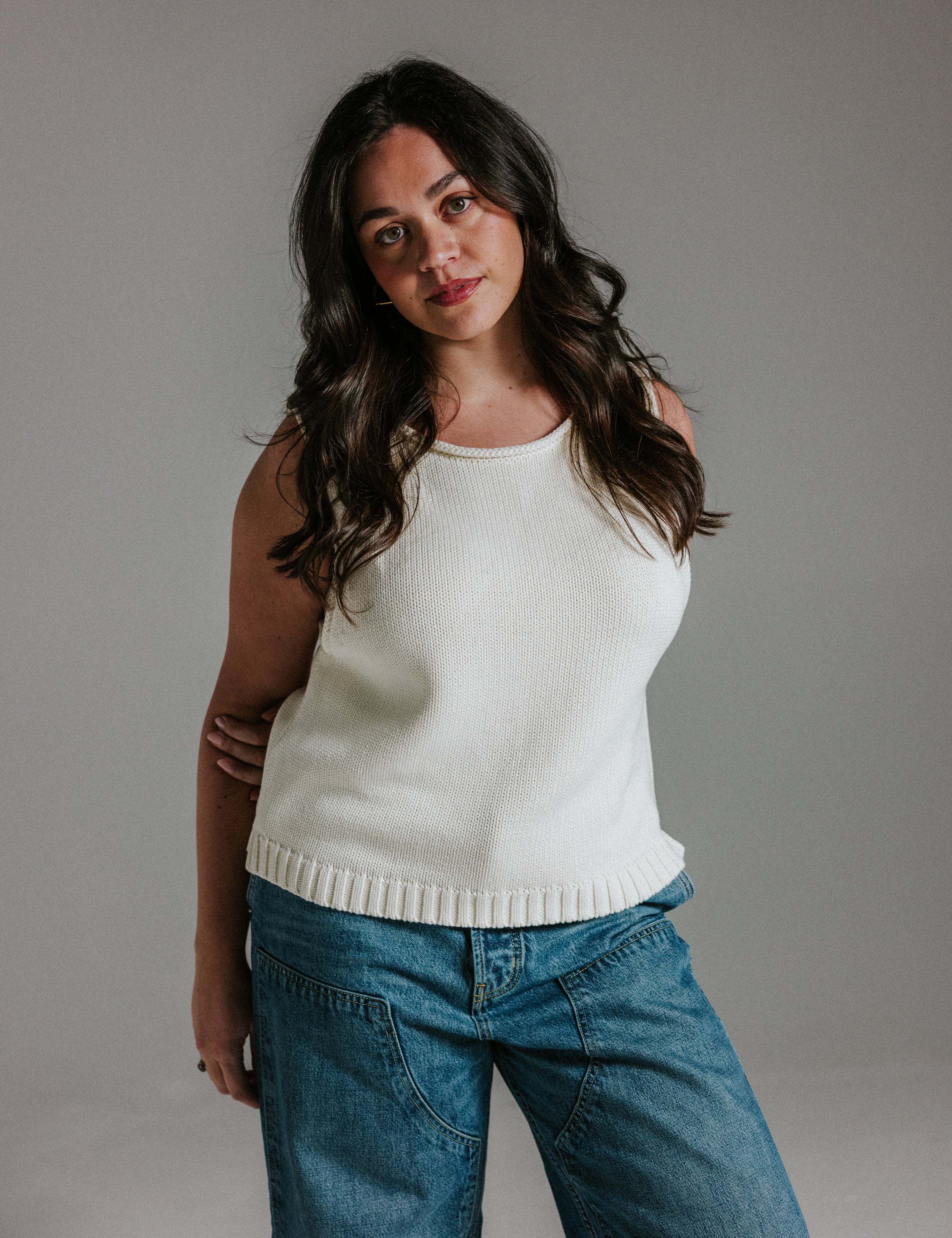 Cream cotton knit tank top in panna cotta colour with soft drape and minimal styling