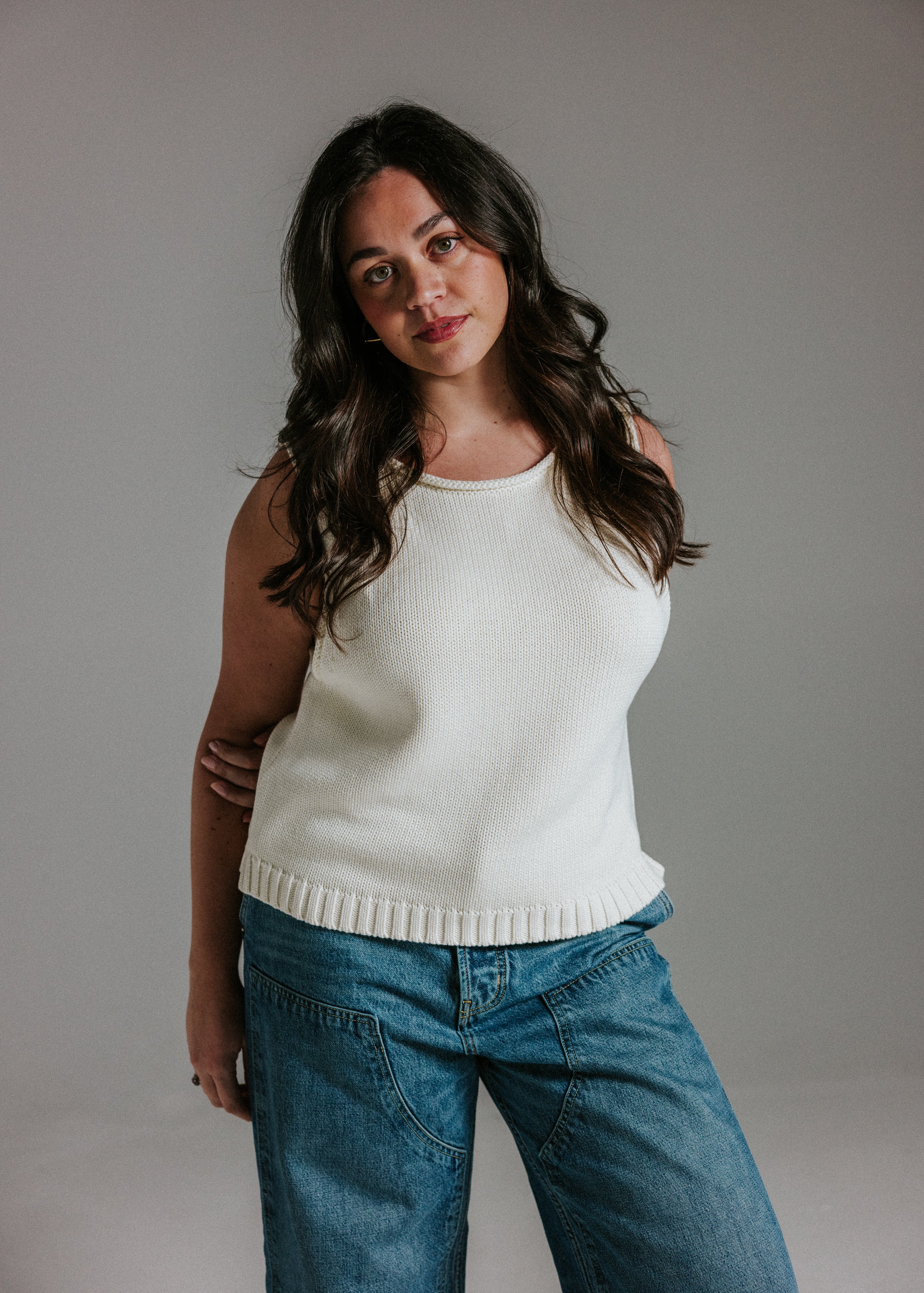 Cream cotton knit tank top in panna cotta colour with soft drape and minimal styling