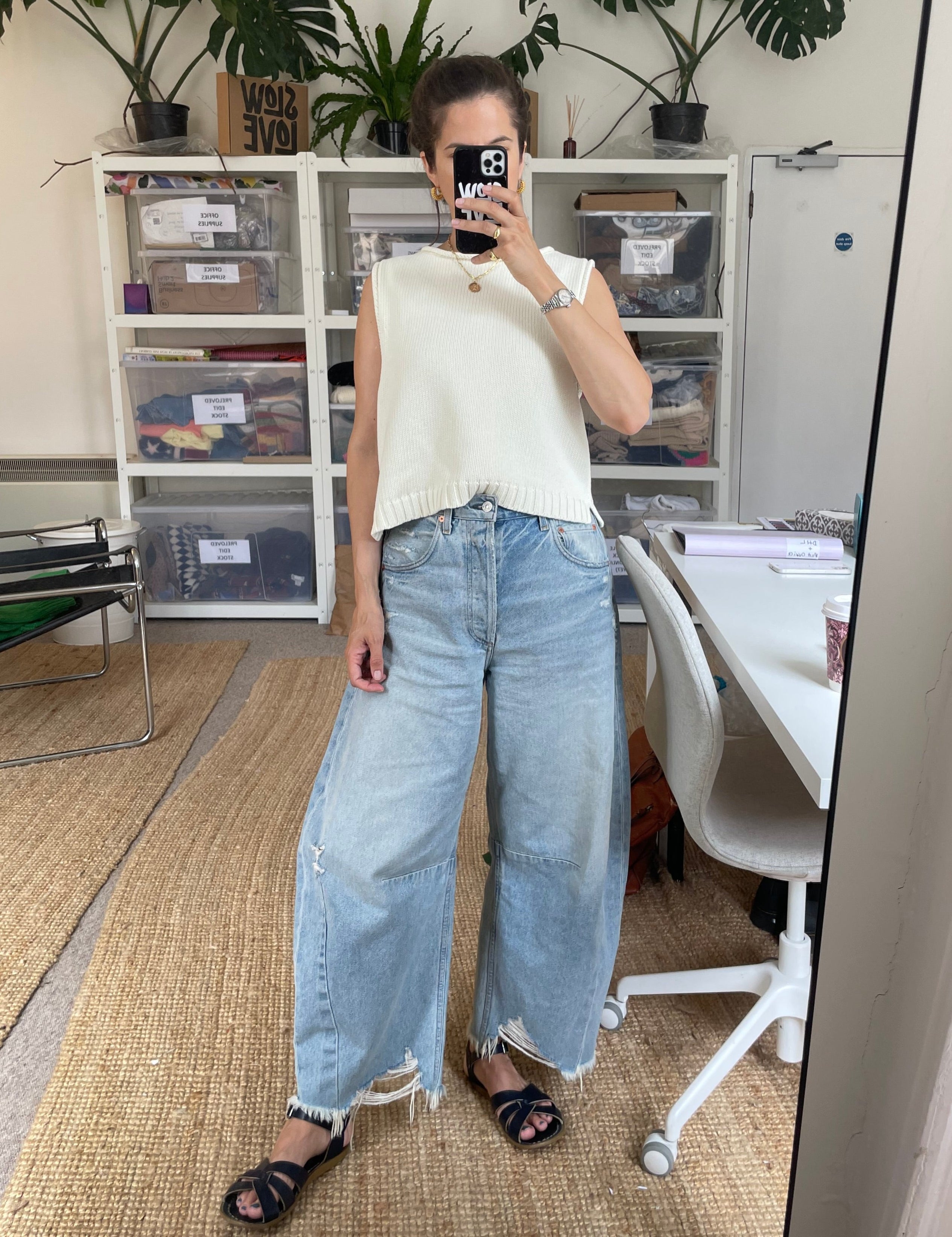 Front view of The Staple Tank in panna cotta, a soft cream cotton knit tank top by Slow Love Knitwear