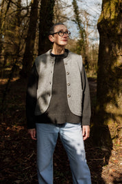 Styled image of the relaxed Charcoal Staple Crew Jumper by Slow Love Knitwear