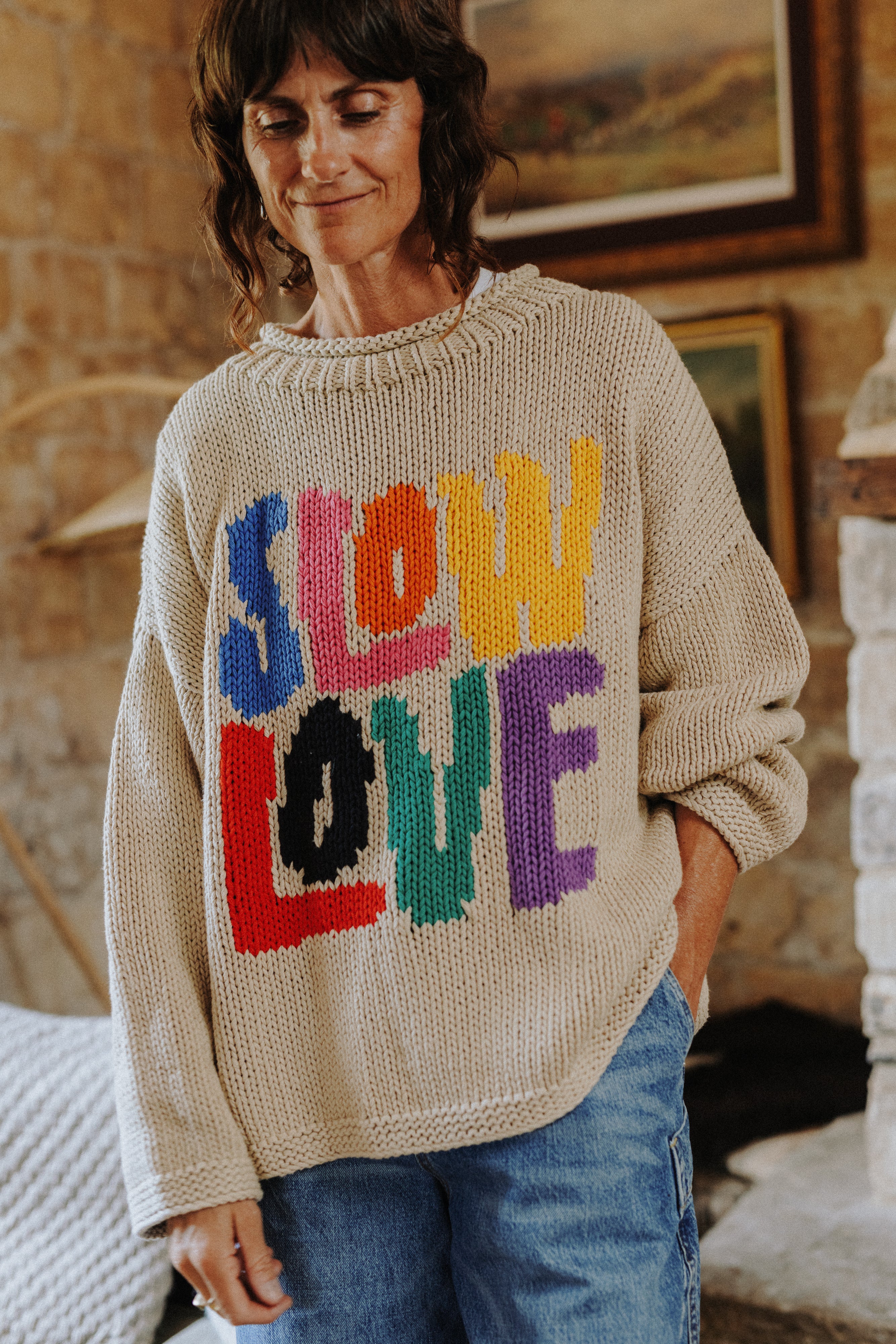 Model wearing the oversized Tutti Frutti Hand Knit Jumper by Slow Love Knitwear