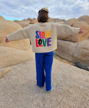 Back view of model wearing Tutti Frutti hand knit jumper