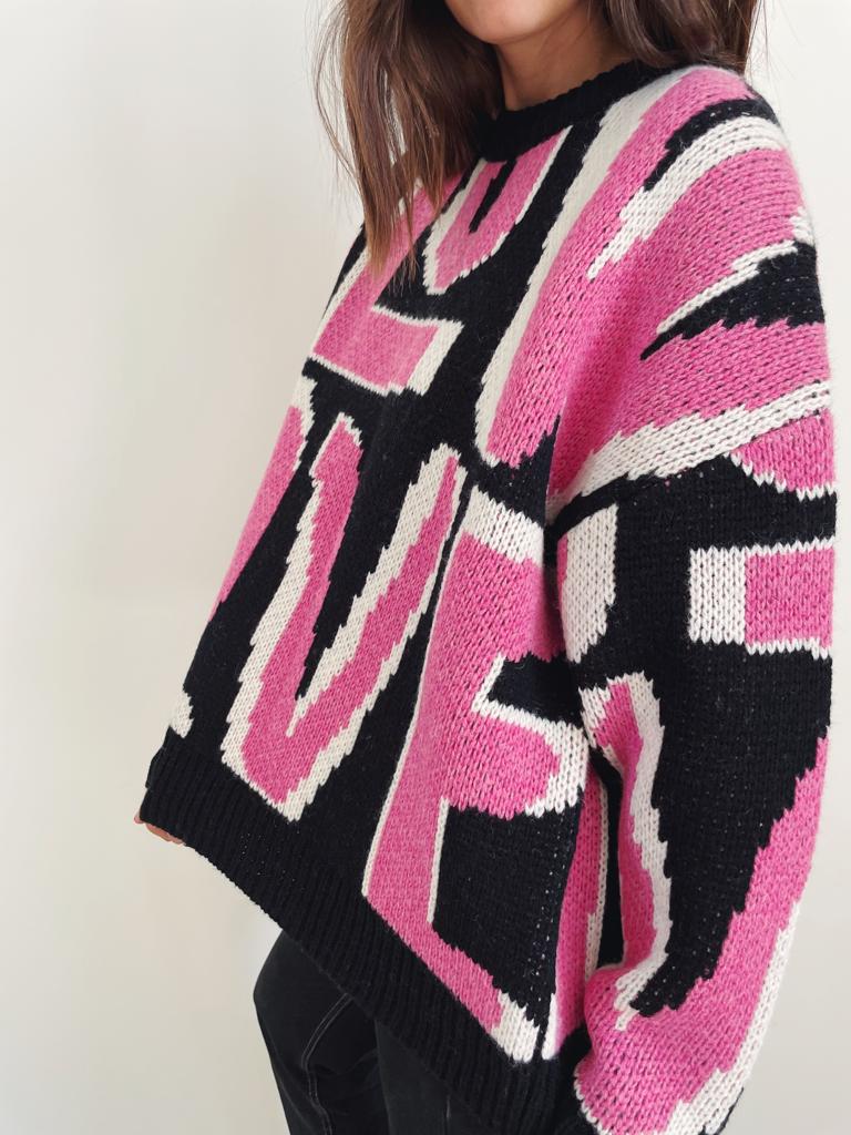 Wild Love pink wool jumper by Slow Love featuring a relaxed boxy shape and oversized proportions.